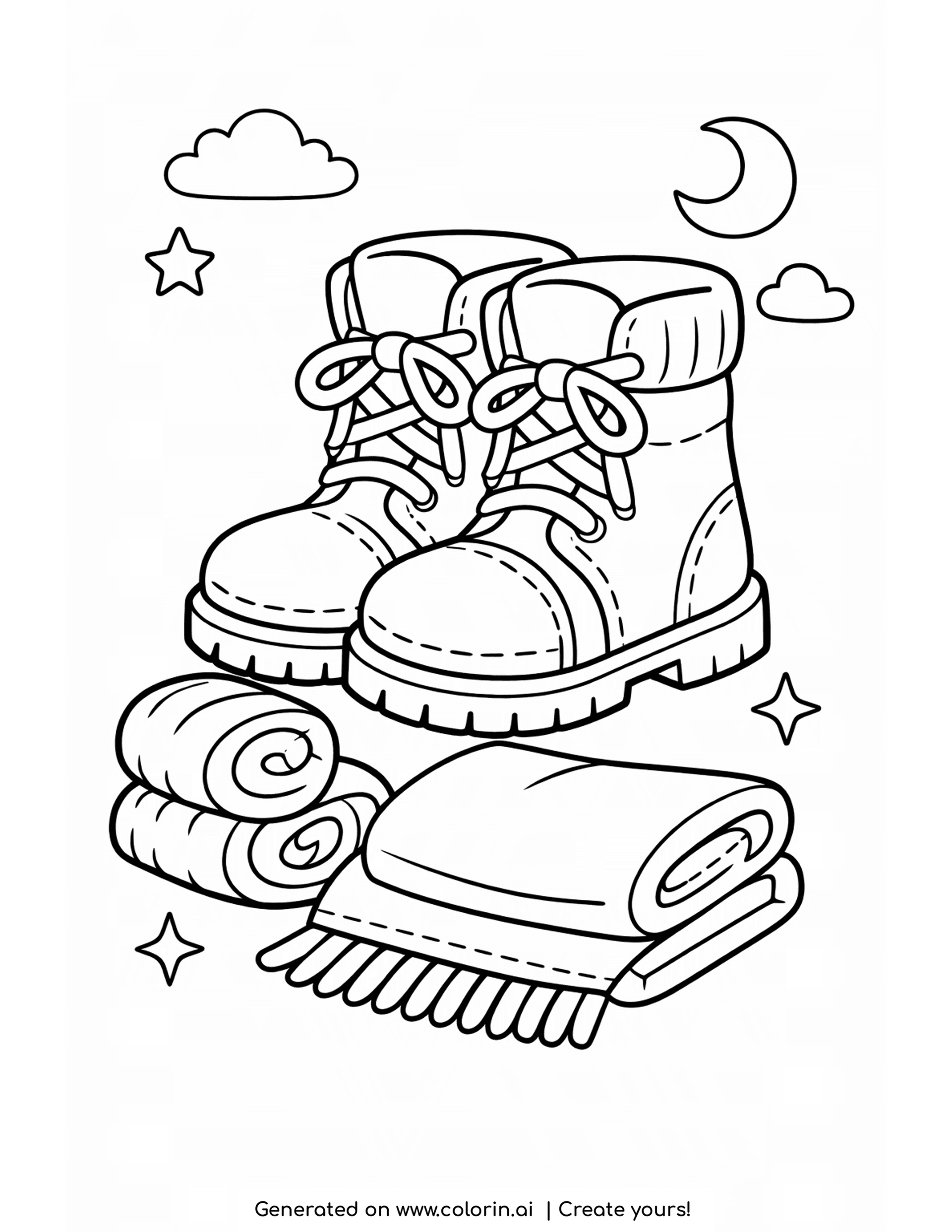 winter clothes coloring pages, a pair of winter boots beside rolled and folded wool socks under a crescent moon
