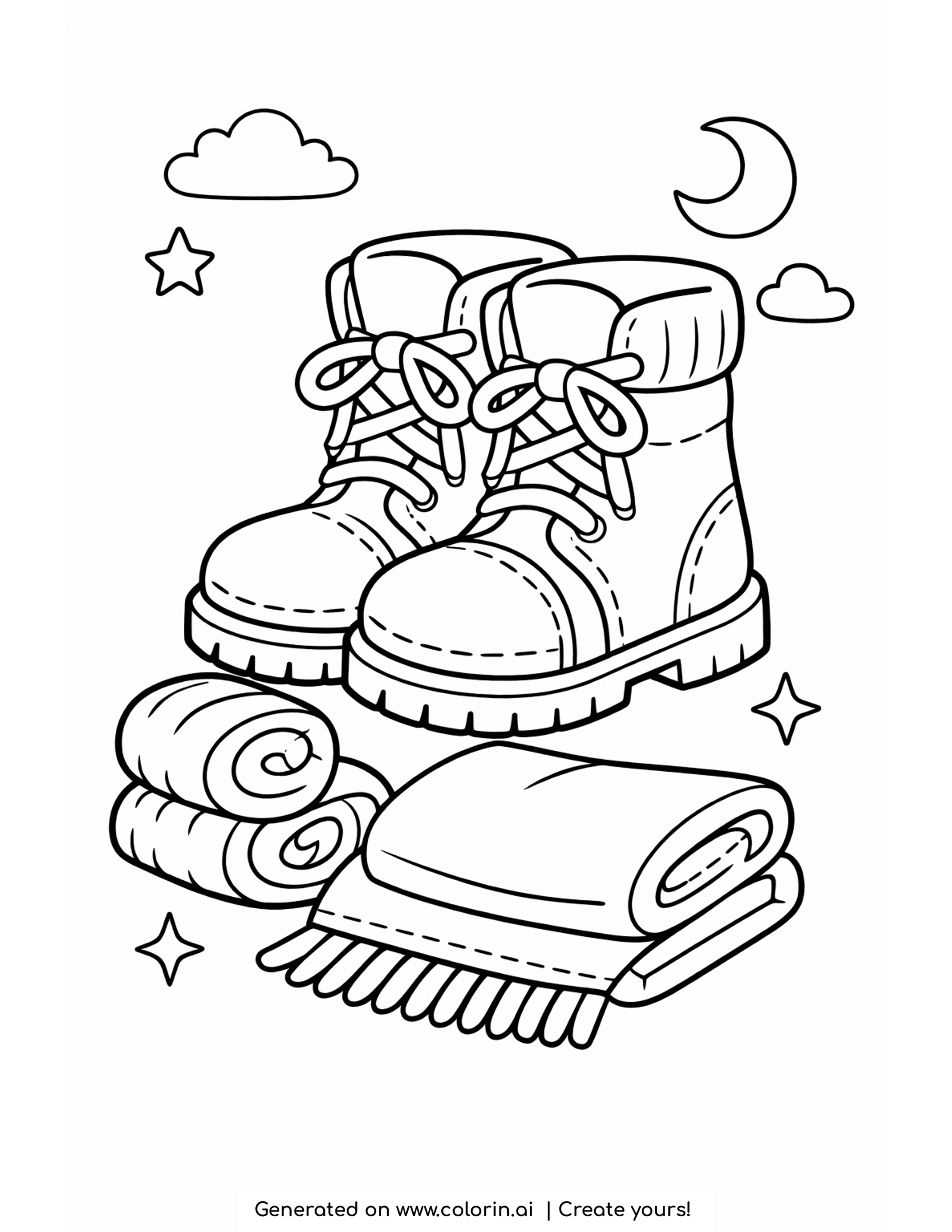 winter clothes coloring pages, a pair of winter boots beside rolled and folded wool socks under a crescent moon