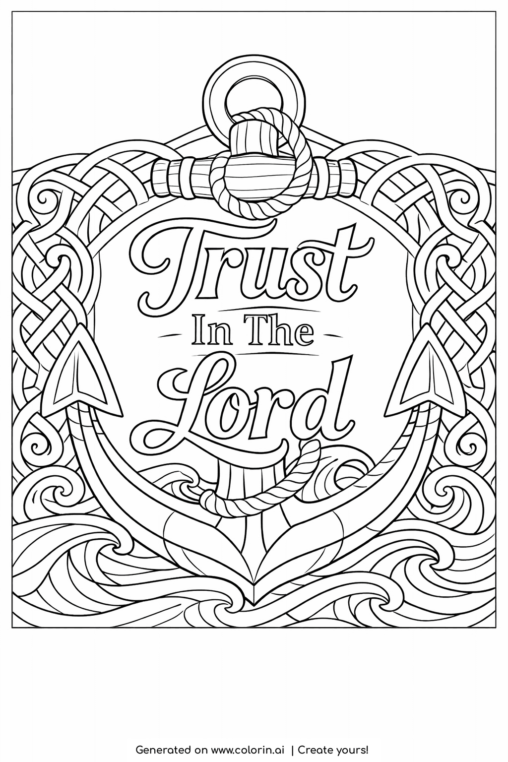 bible verses coloring pages, Trust in the Lord inside a Celtic knotwork shield frame with a rope loop