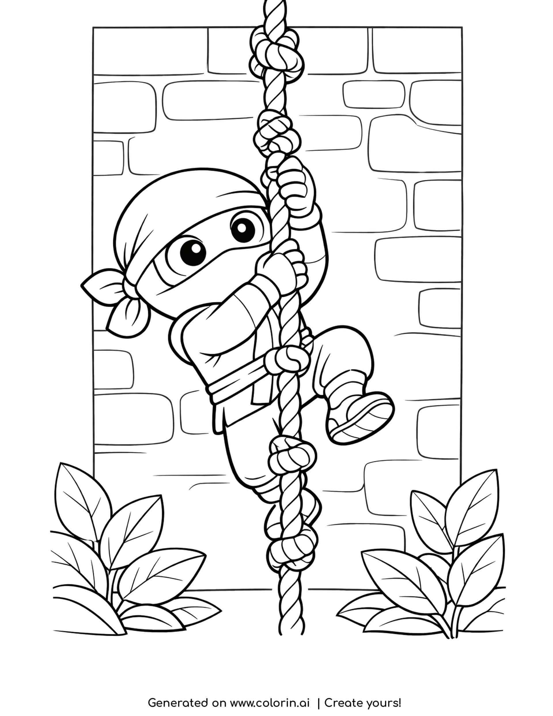 ninja climbing coloring pages - ninja climbing a knotted rope against a brick wall with leaves at the base