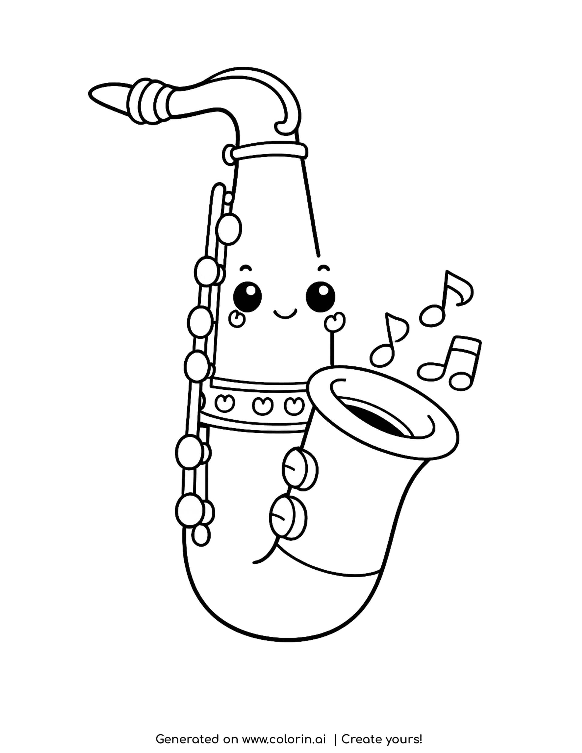 saxophone coloring pages - cute curvy saxophone with a smiling face and notes drifting from the bell
