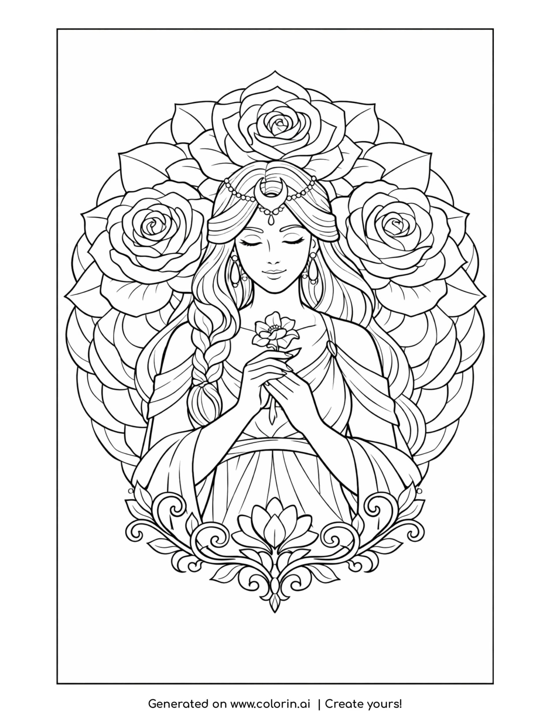 goddess holding a small flower coloring page with roses and floral vines