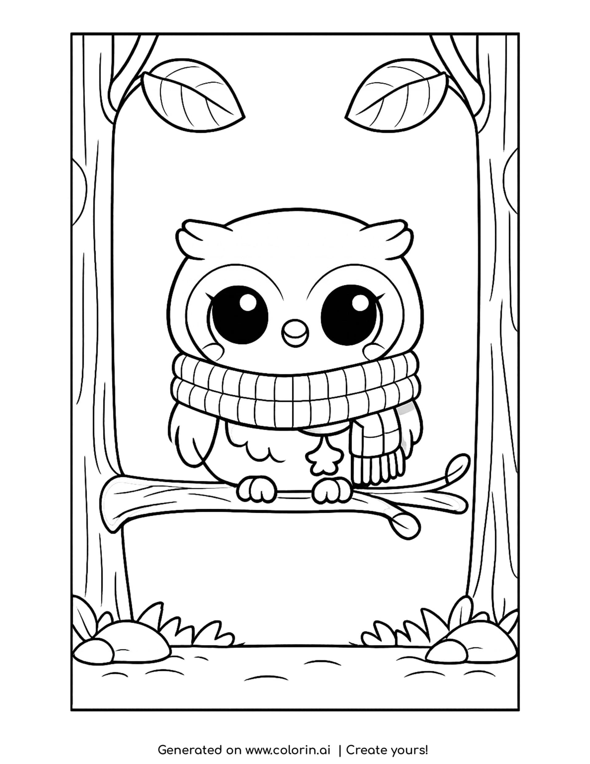 owl coloring pages, a kawaii owl wearing a tiny scarf on a branch