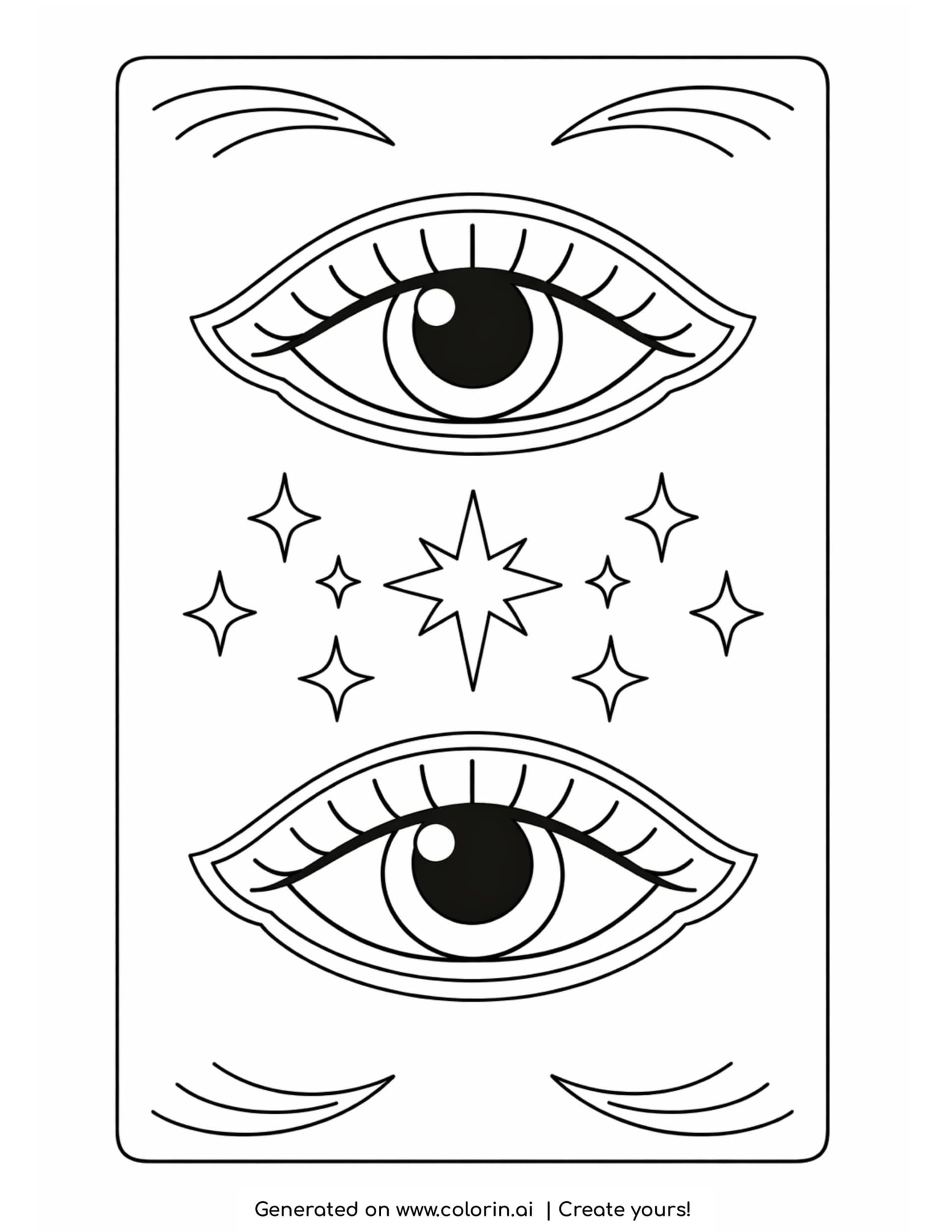 two eyes with stars between coloring page with decorative lines and lashes