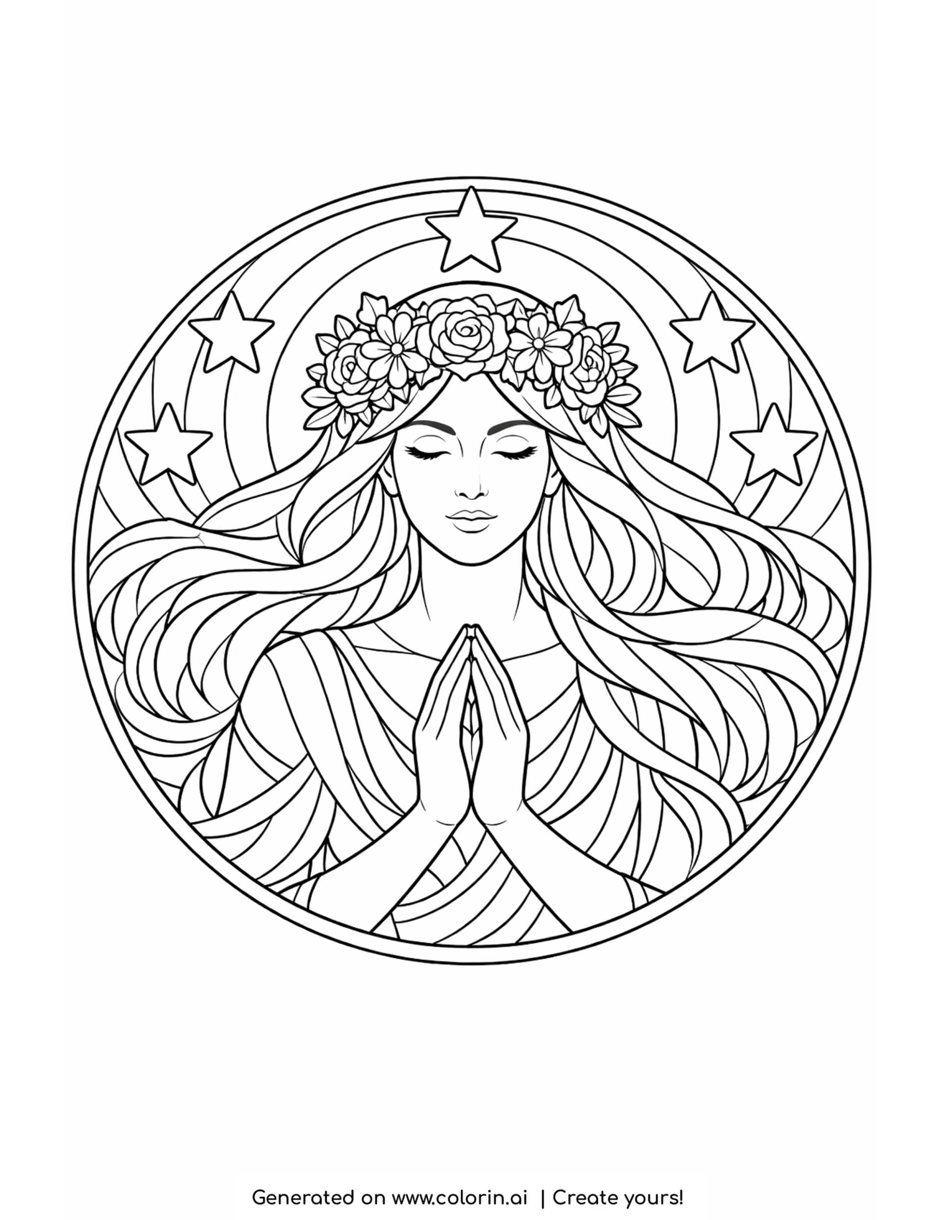 goddess praying beneath stars coloring page with floral crown and circular sky