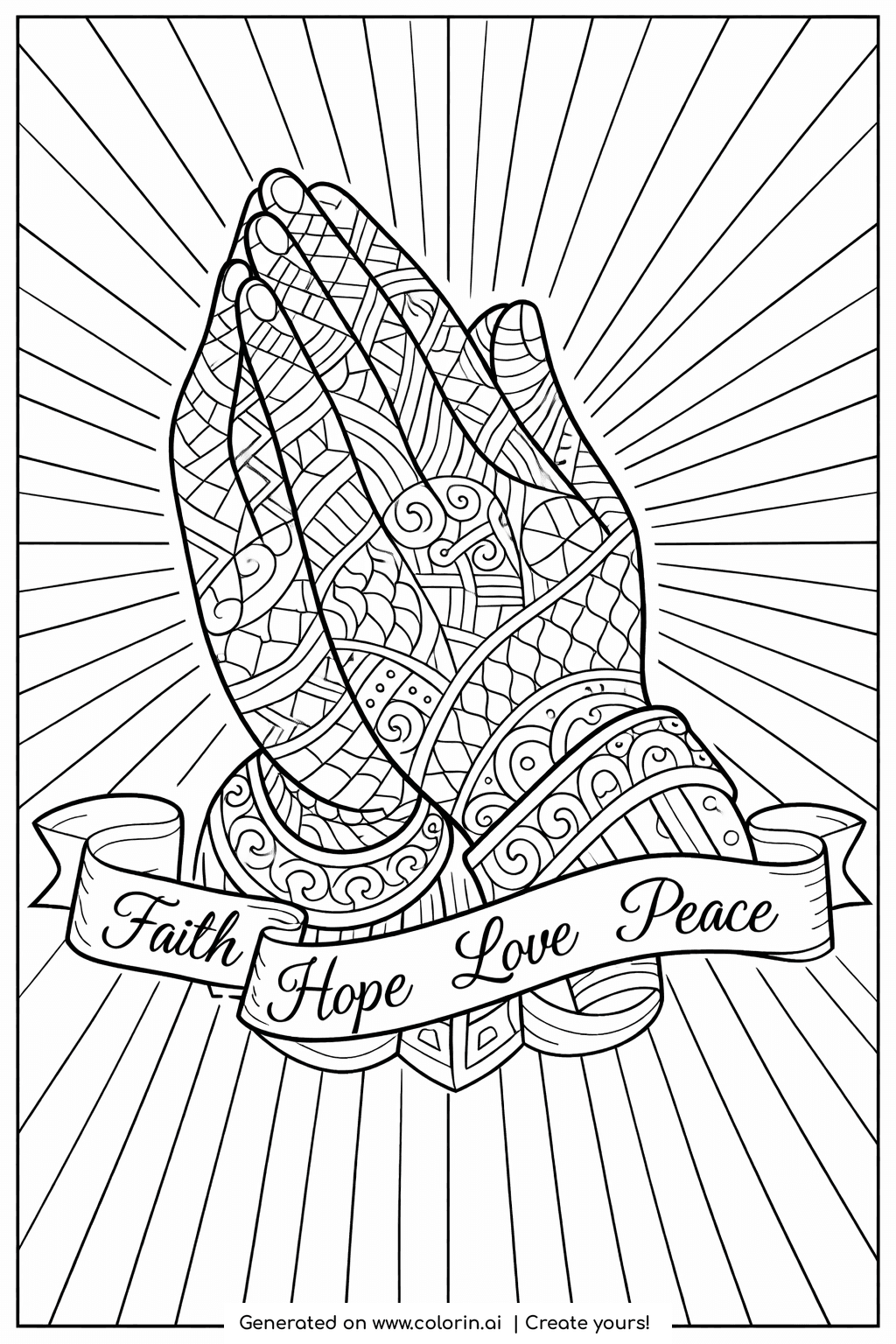 bible verse coloring pages for adults, zentangle praying hands with light rays and a Faith Hope Love Peace banner
