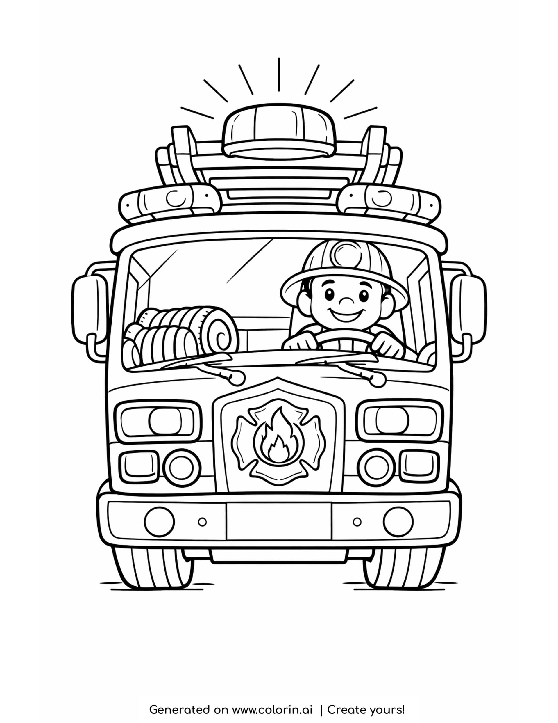 fire truck coloring page, a fire truck racing toward the viewer with a siren light on top and a firefighter at the wheel