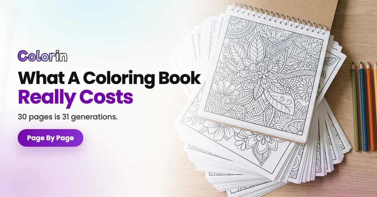 A spiral bound coloring book resting on a thick stack of printed black and white pages, with colored pencils beside them