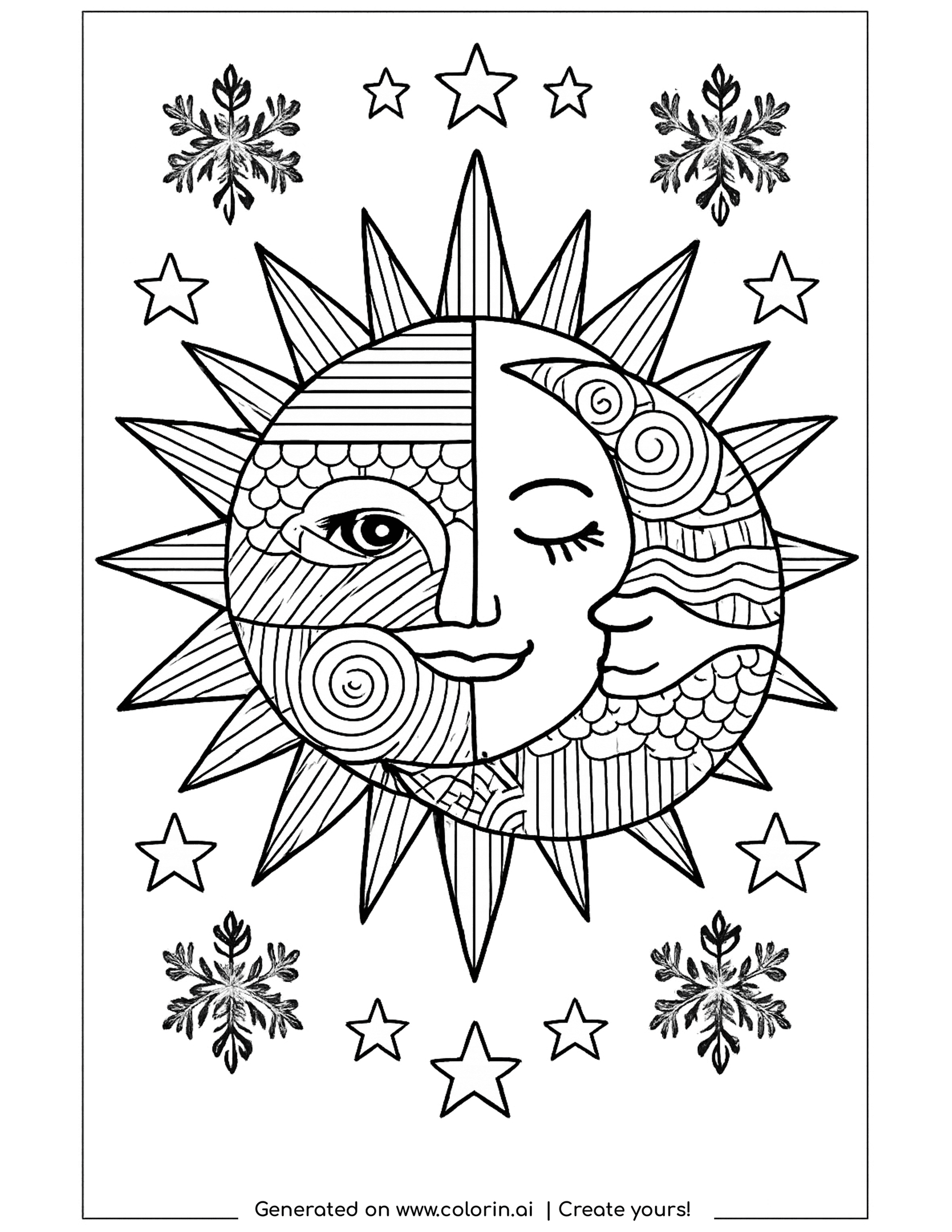 winter solstice coloring pages, a face half sun and half crescent moon with stars and snowflakes