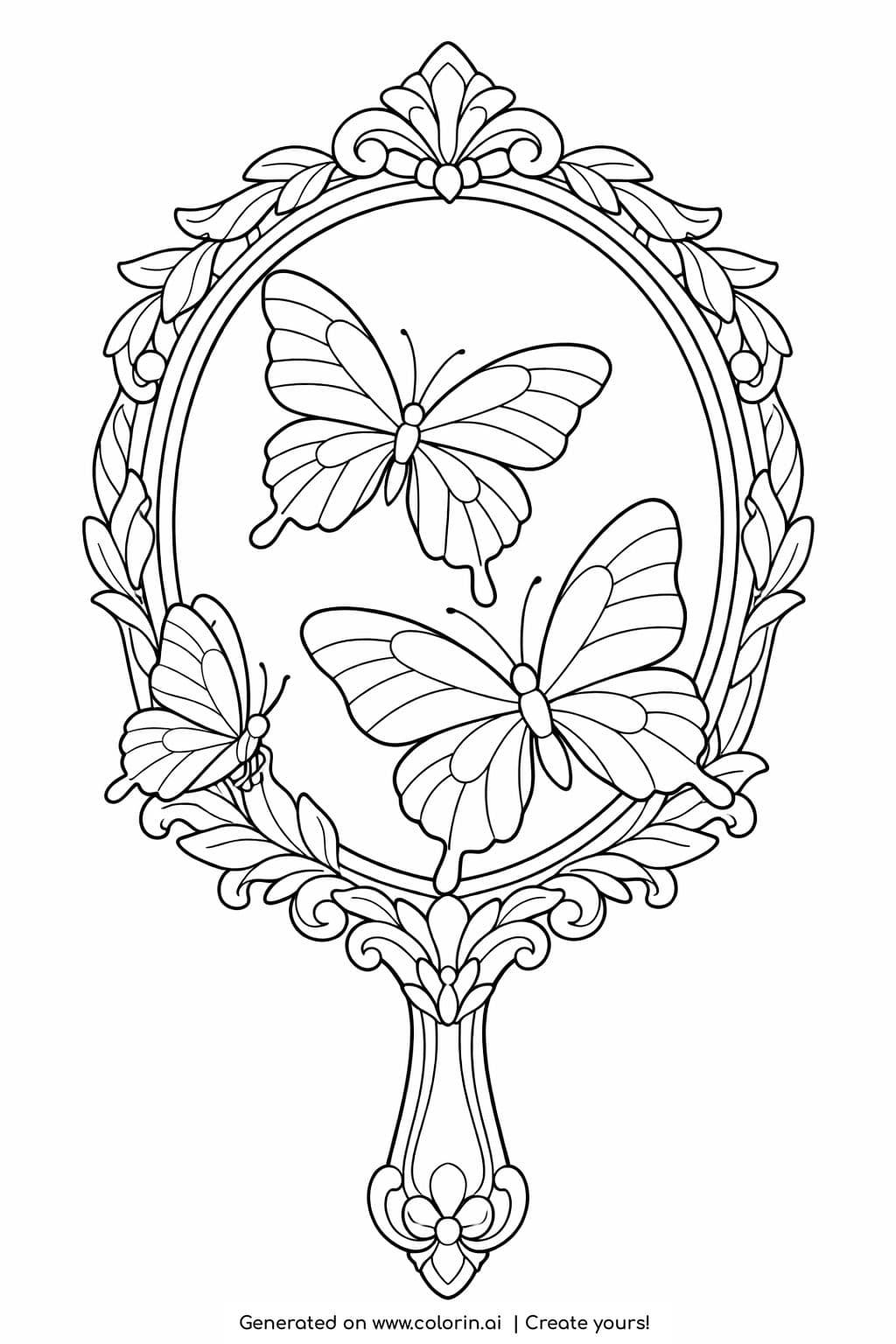 butterflies inside ornate hand mirror coloring page with decorative vintage frame coloring page