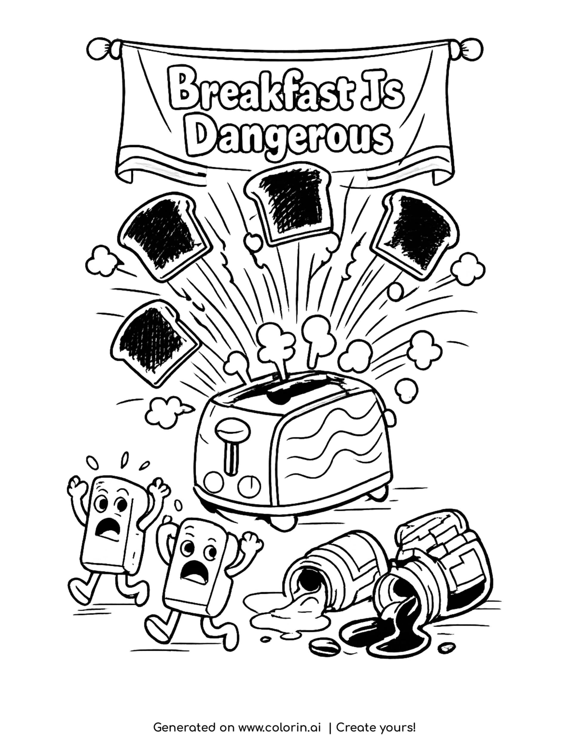 toaster launching burnt toast coloring page with scared butter sticks and spilled jam