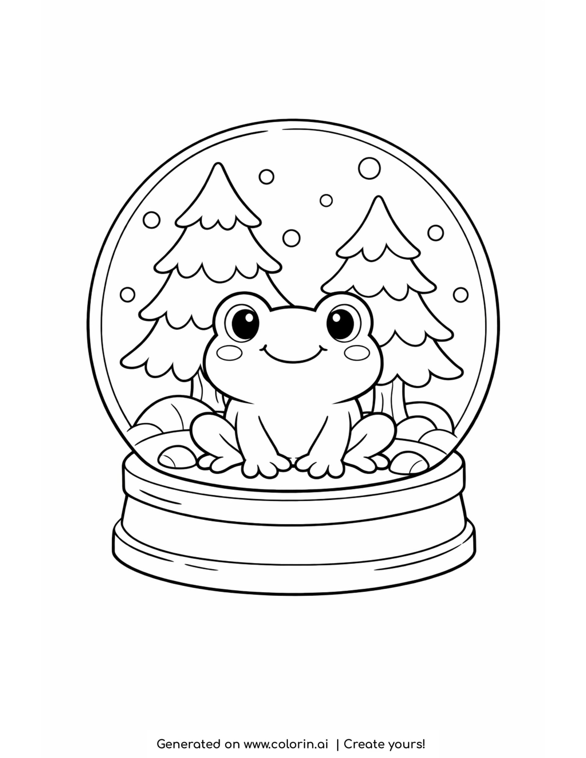 frog inside snow globe coloring page with trees and small rocks