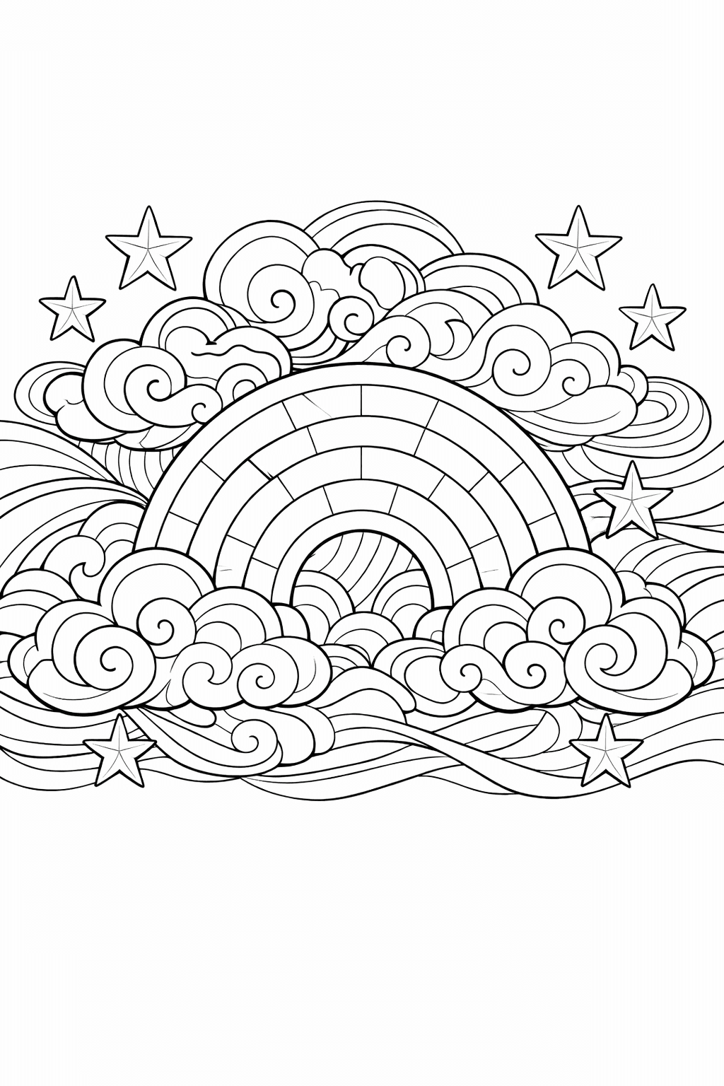 rainbow coloring pages, a rainbow arch filled and surrounded by detailed swirling clouds, scattered stars, and flowing lines