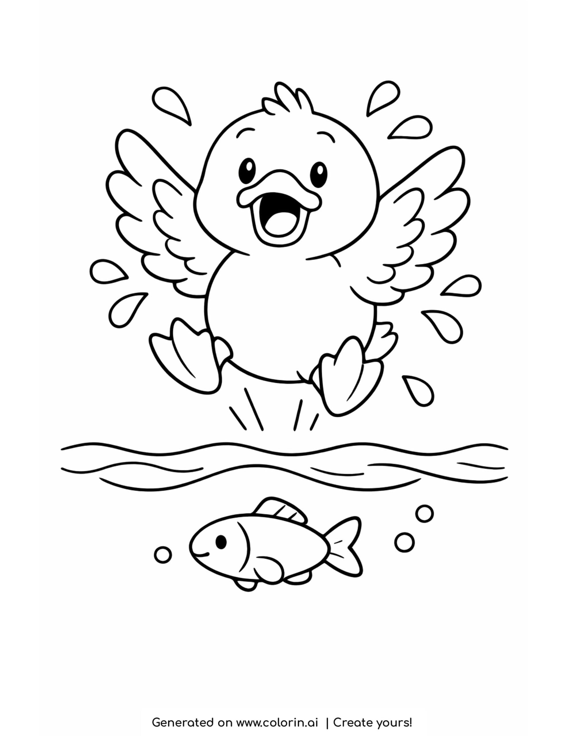 duck jumping above pond coloring page with fish and water splashes
