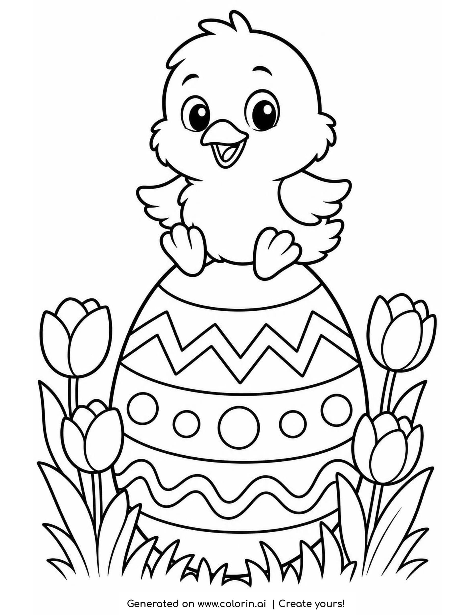 Easter chick coloring page of a fluffy baby chick sitting on top of a big decorated egg with tulips and grass around it