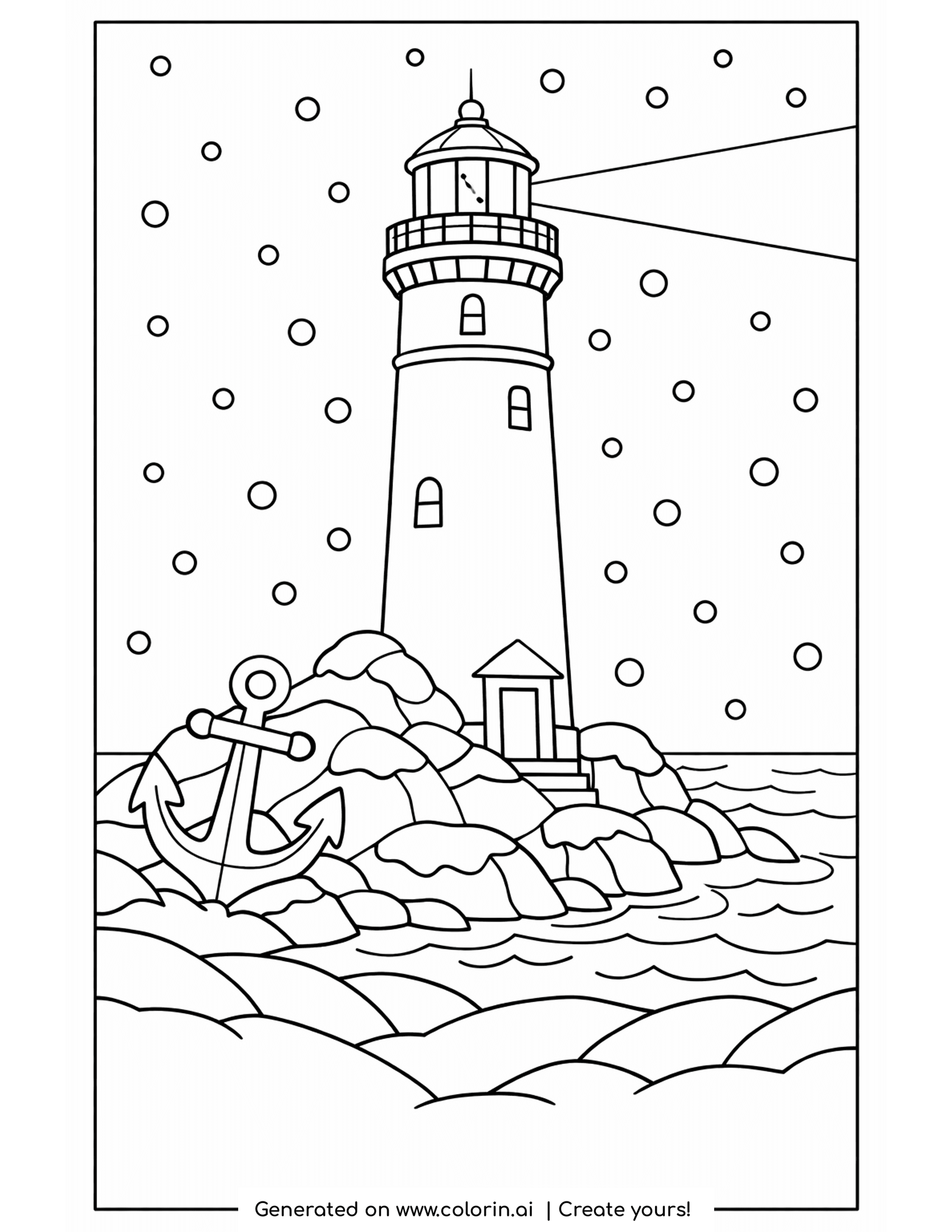 winter scene coloring pages, a tall lighthouse on a rocky shore with an anchor as snow falls over the sea