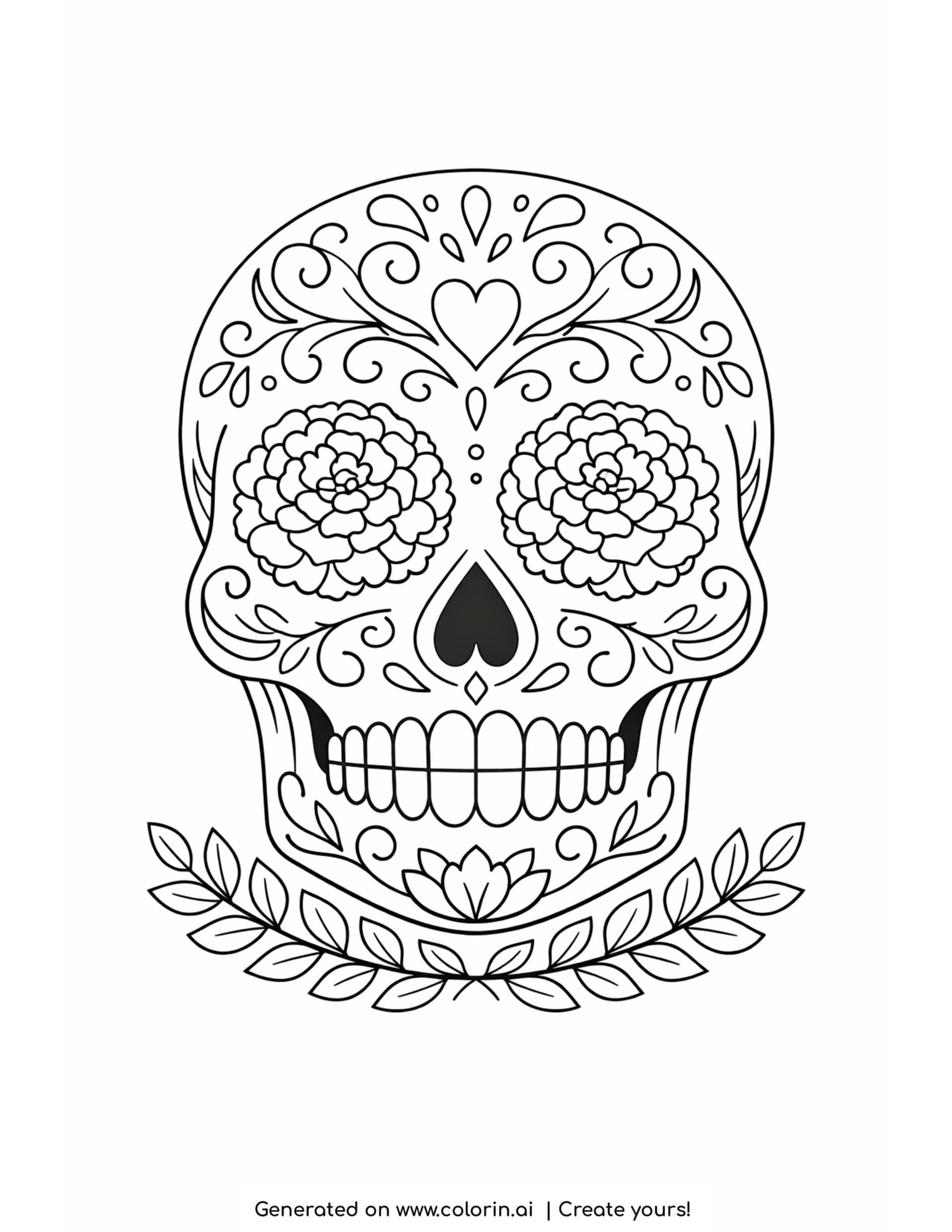 sugar skull coloring pages, a decorated calavera with marigold flower eyes, swirls, and a leaf wreath