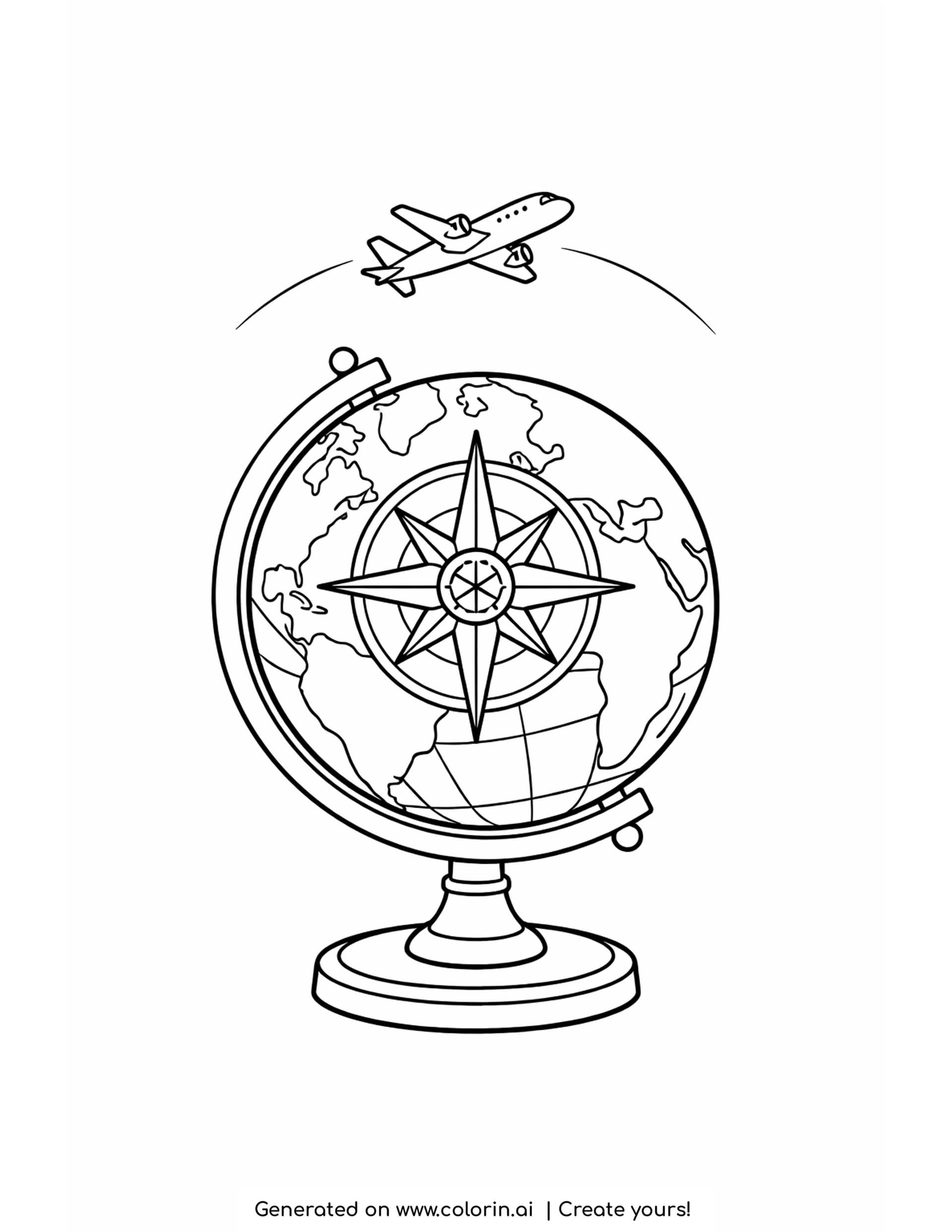 globe coloring pages — desk globe on a turned stand with a compass star and a small airplane above