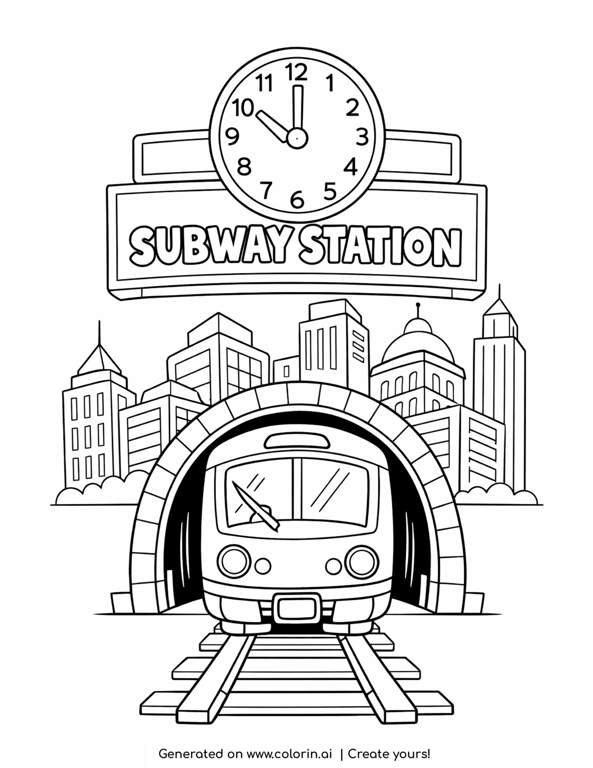 subway coloring pages: a subway train leaving a brick tunnel arch under a station clock and city skyline