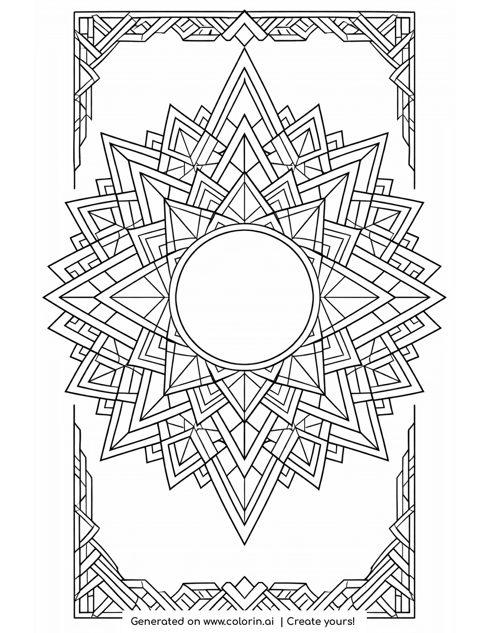 winter mandala coloring pages, a geometric eight-point star mandala with an open center and border