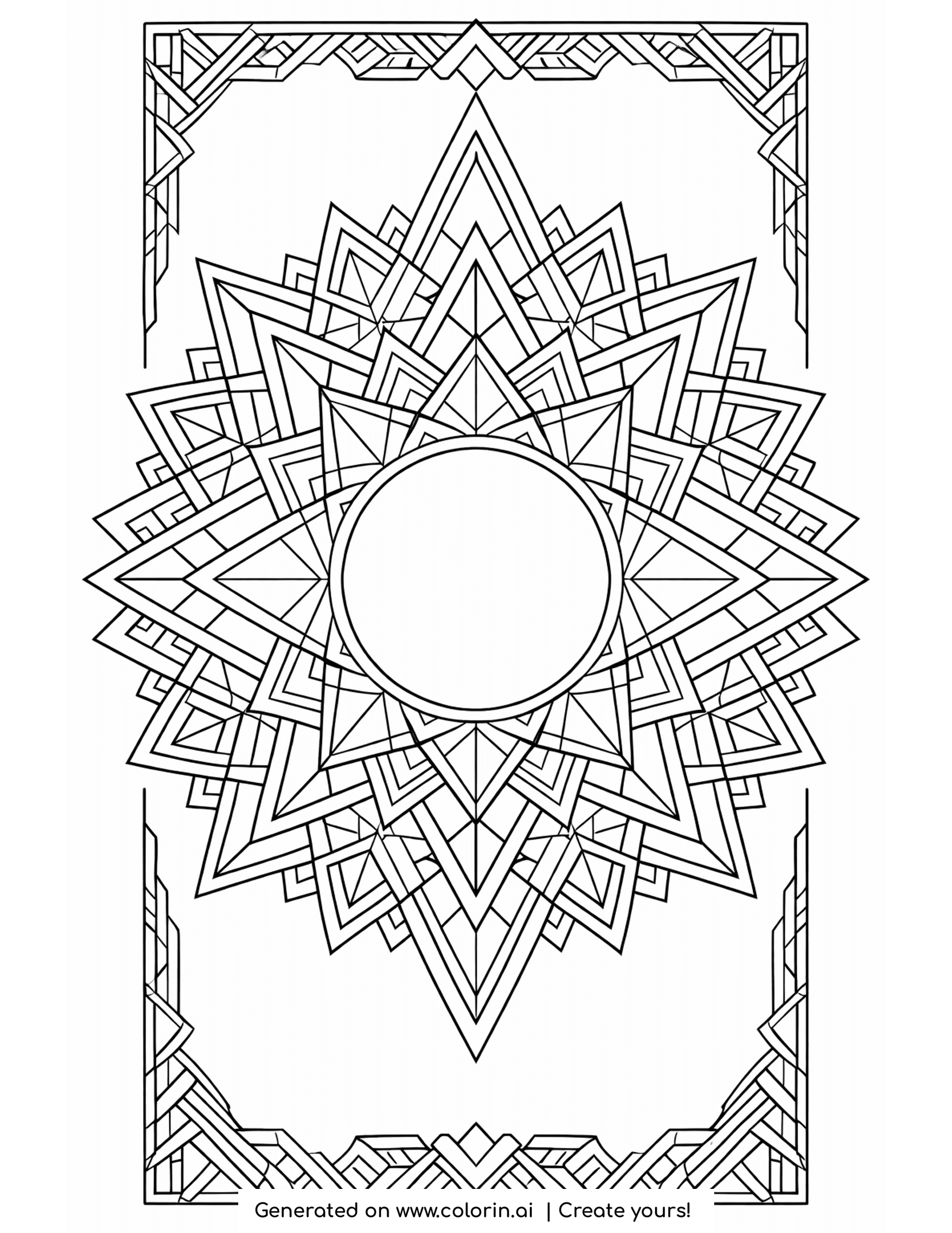 winter mandala coloring pages, a geometric eight-point star mandala with an open center and border