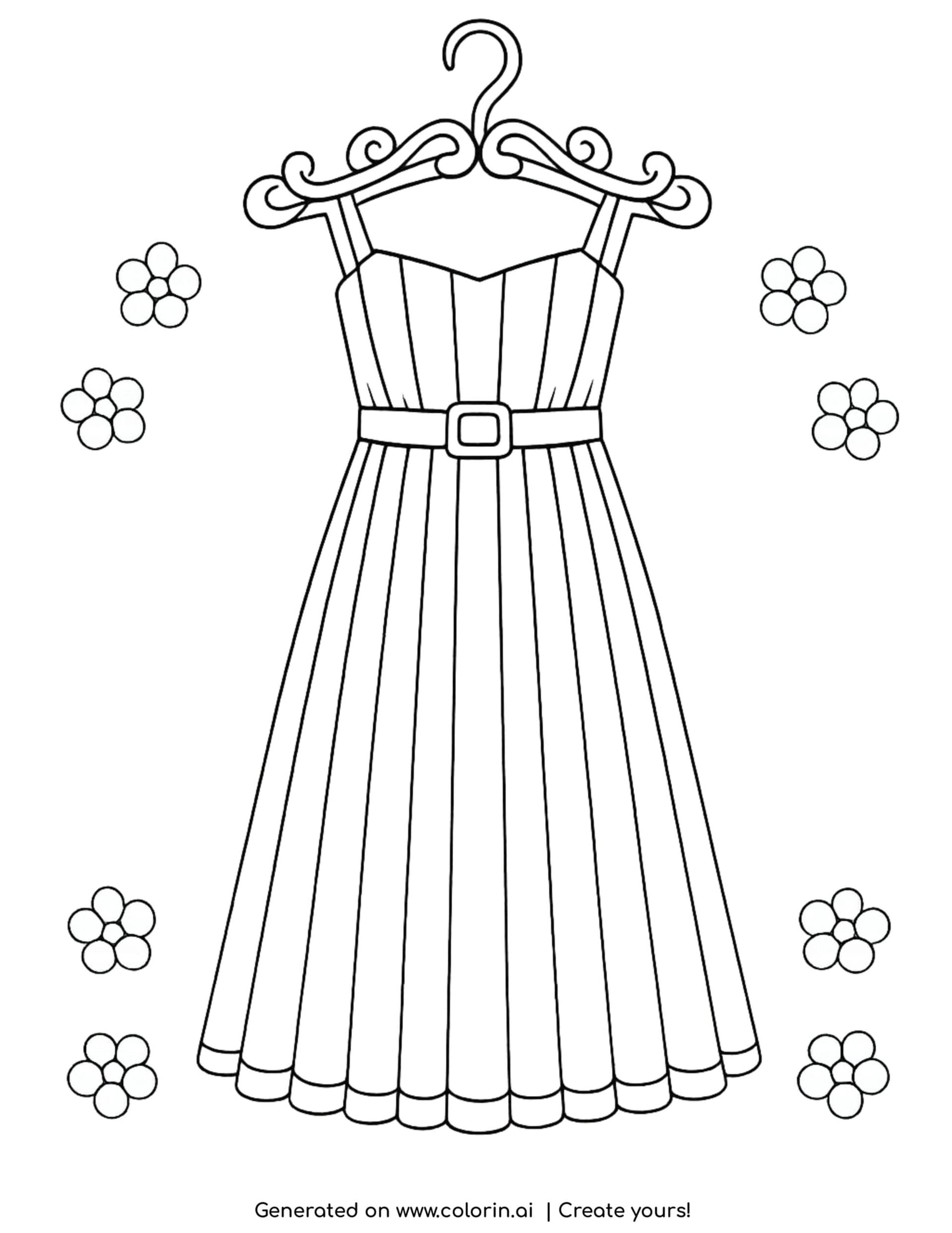 pleated midi dress with belt and small flowers coloring page