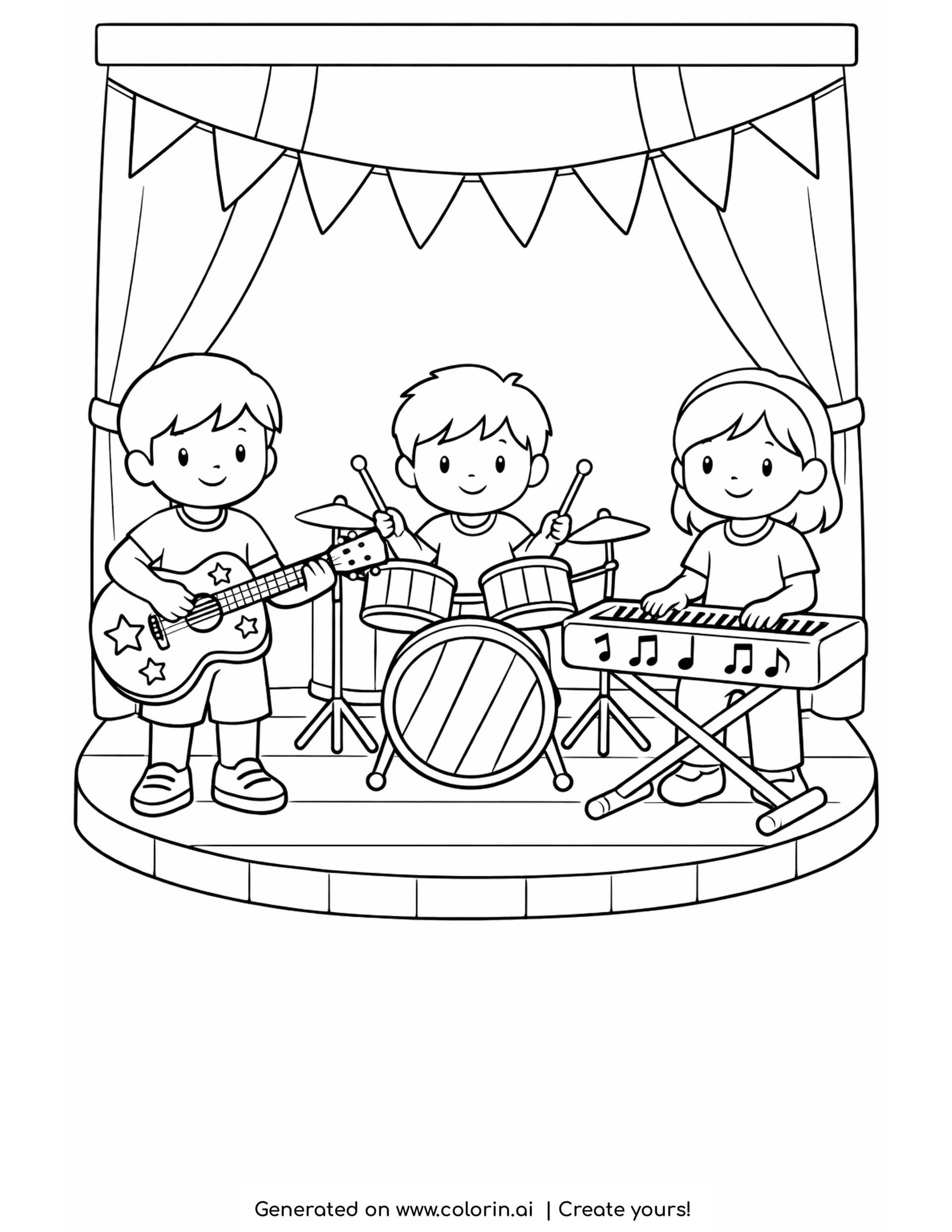 kids band coloring pages - three children playing guitar, drums and keyboard on a small round stage