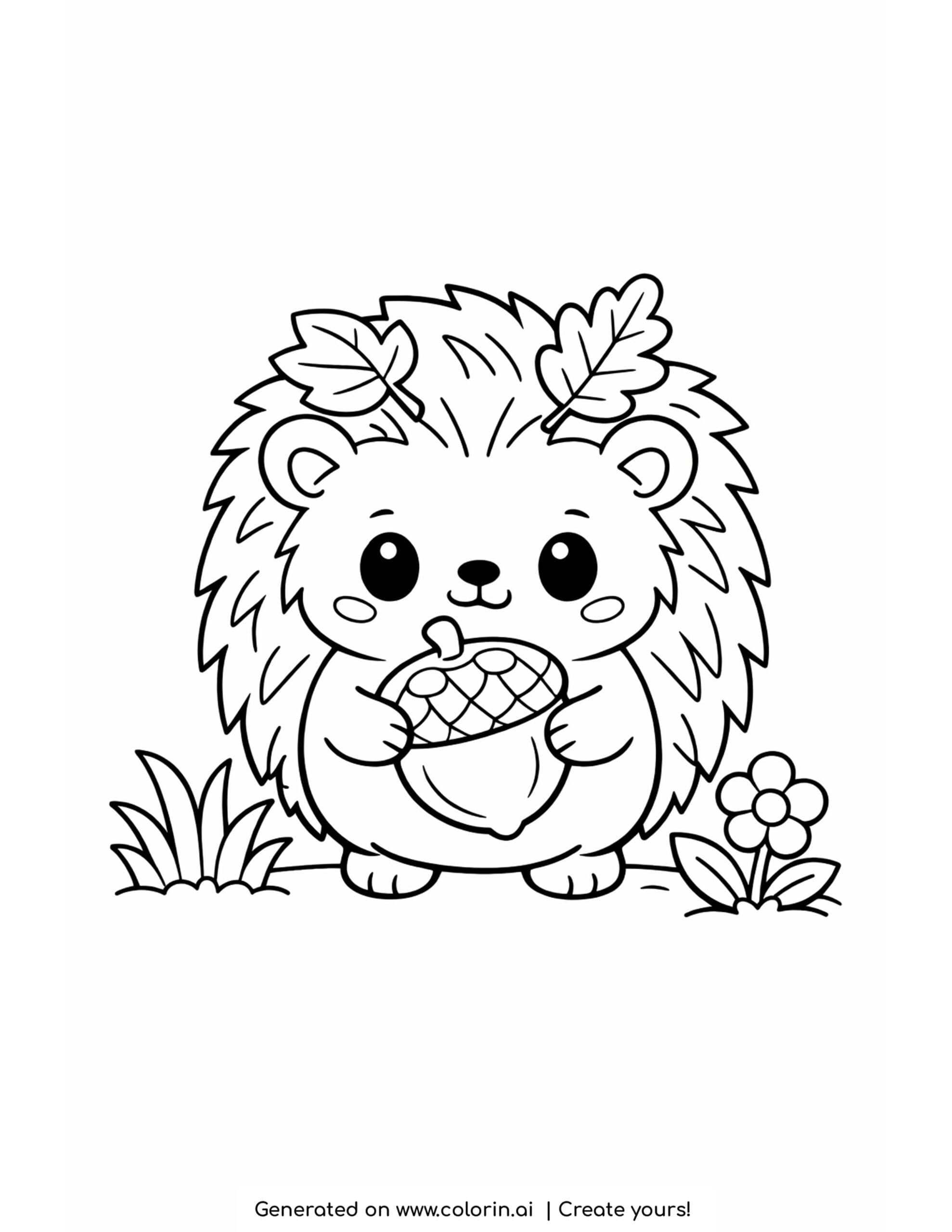 cute thanksgiving coloring pages, a round hedgehog holding a large acorn with leaves on its back and a flower nearby