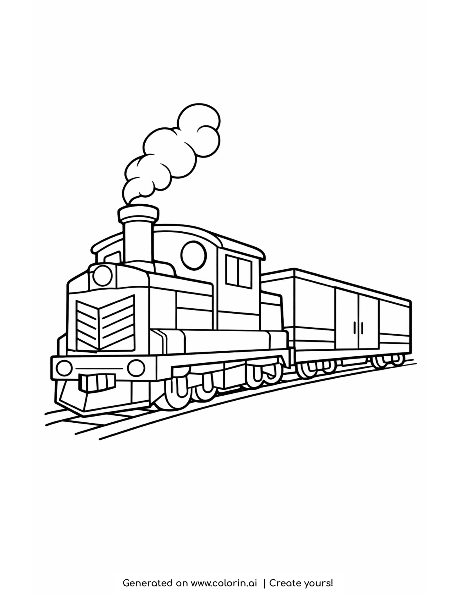 simple freight train coloring pages: an engine with a chevron grille and one boxcar seen from the front corner