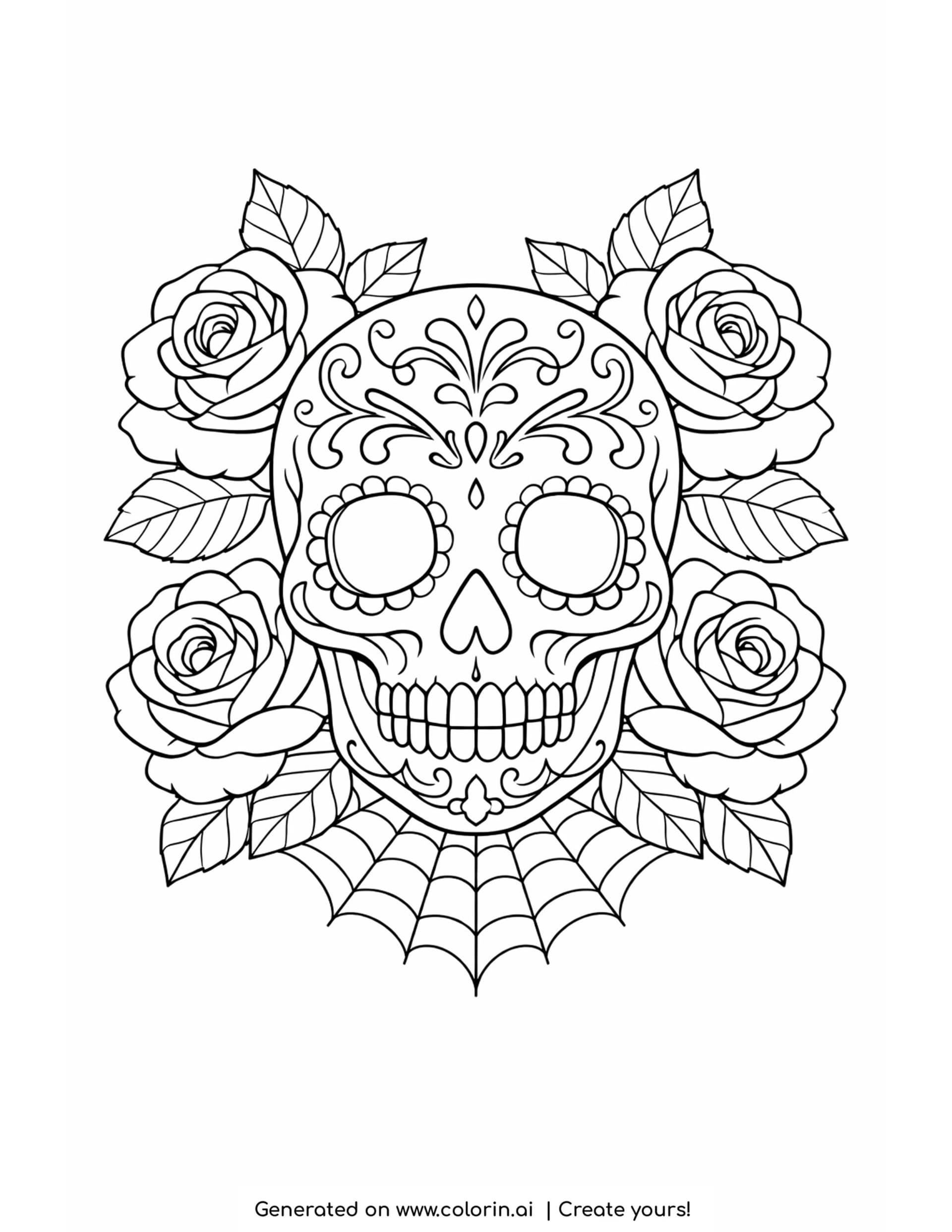 skull coloring pages, an ornate skull surrounded by roses and leaves with a spider web below