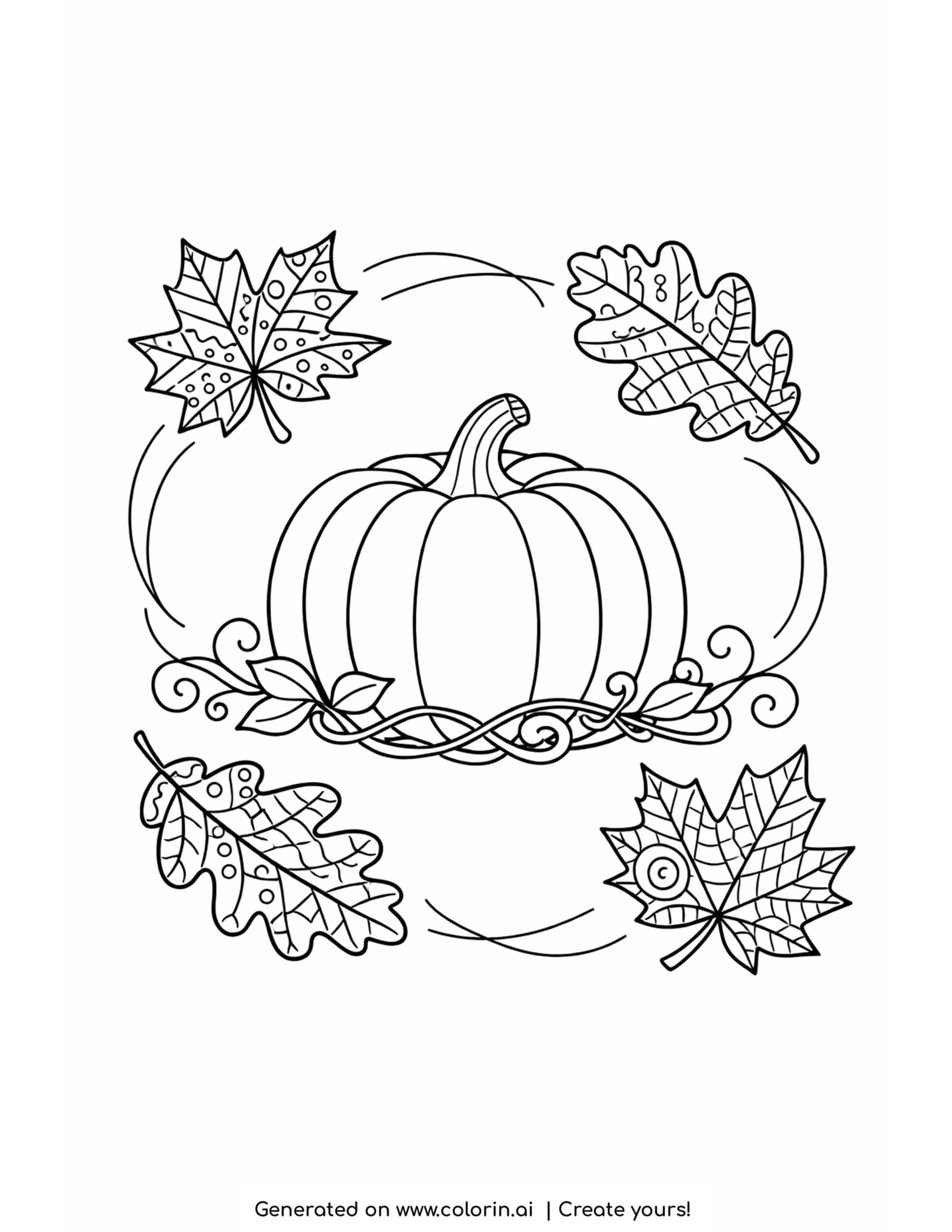 thanksgiving adult coloring pages, a pumpkin surrounded by a swirl of maple and oak leaves filled with doodle patterns