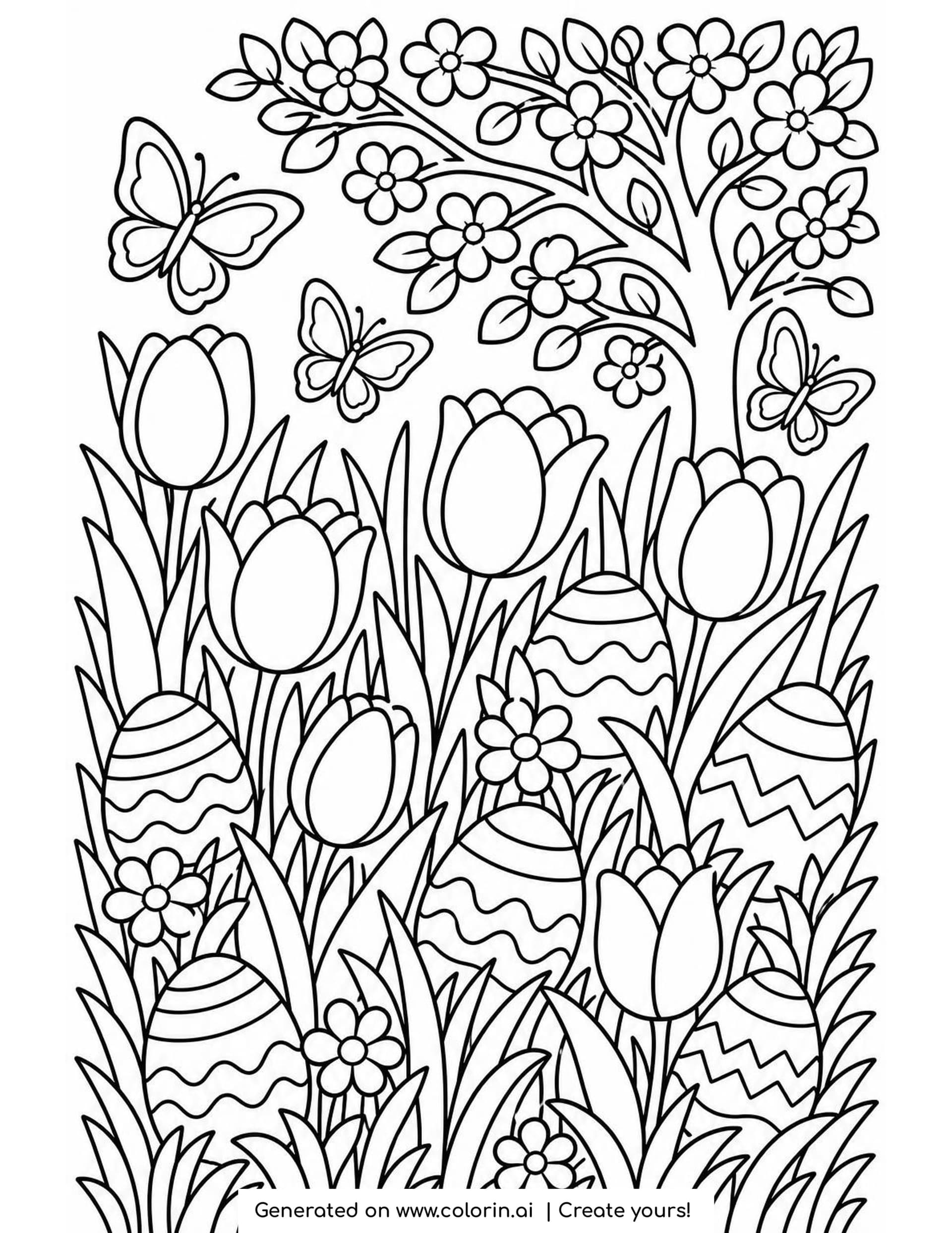 Spring Easter coloring page of six decorated eggs hidden among tulips and tall grass, with three butterflies and a blossoming tree at the top