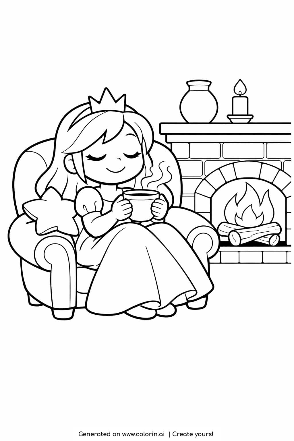 princess drinking tea by fireplace coloring page sitting in armchair with candle and brick hearth coloring page