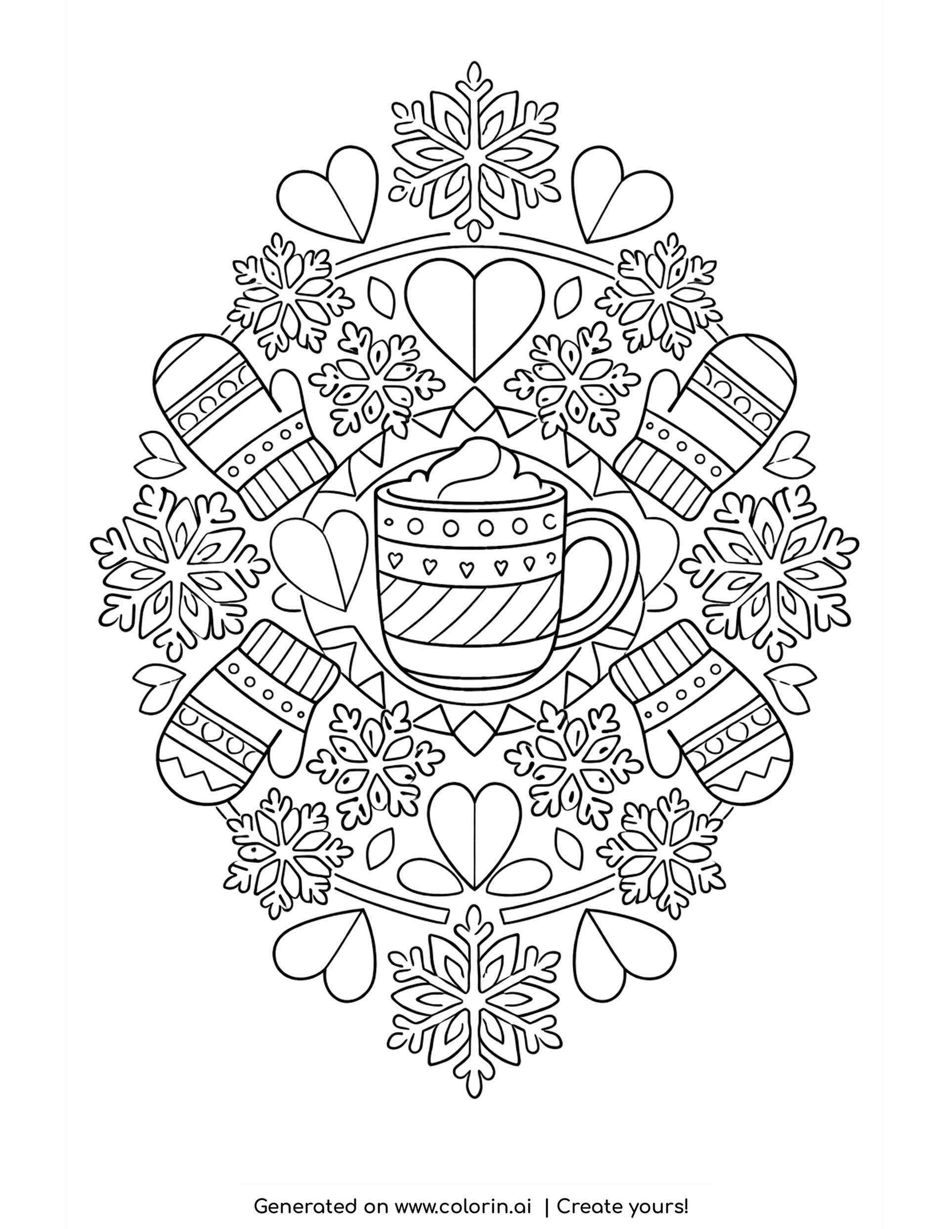 winter mandala coloring pages, a mandala of mittens, cocoa mugs, snowflakes and hearts