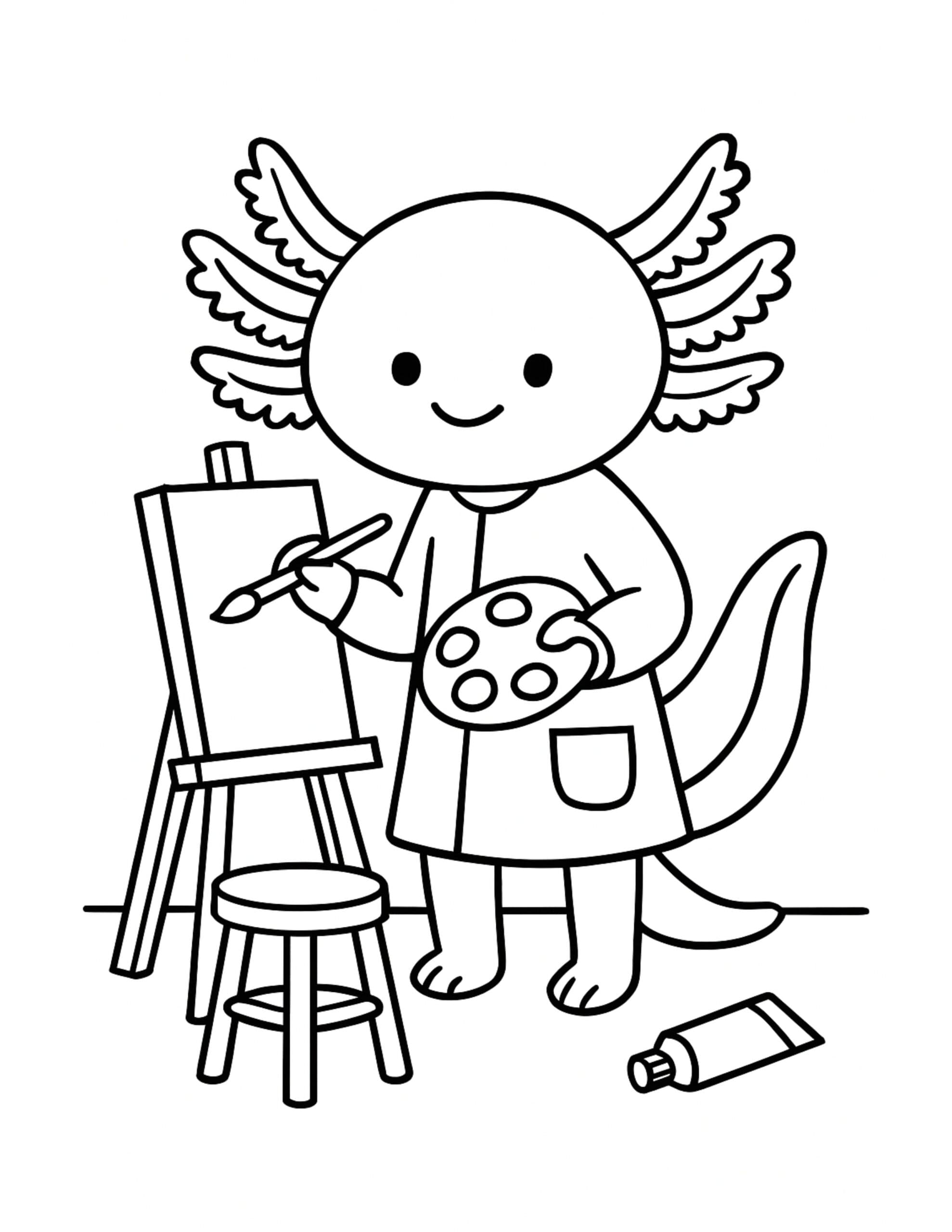axolotl painting at an easel coloring page with paint palette, brush, easel, and a small stool coloring page