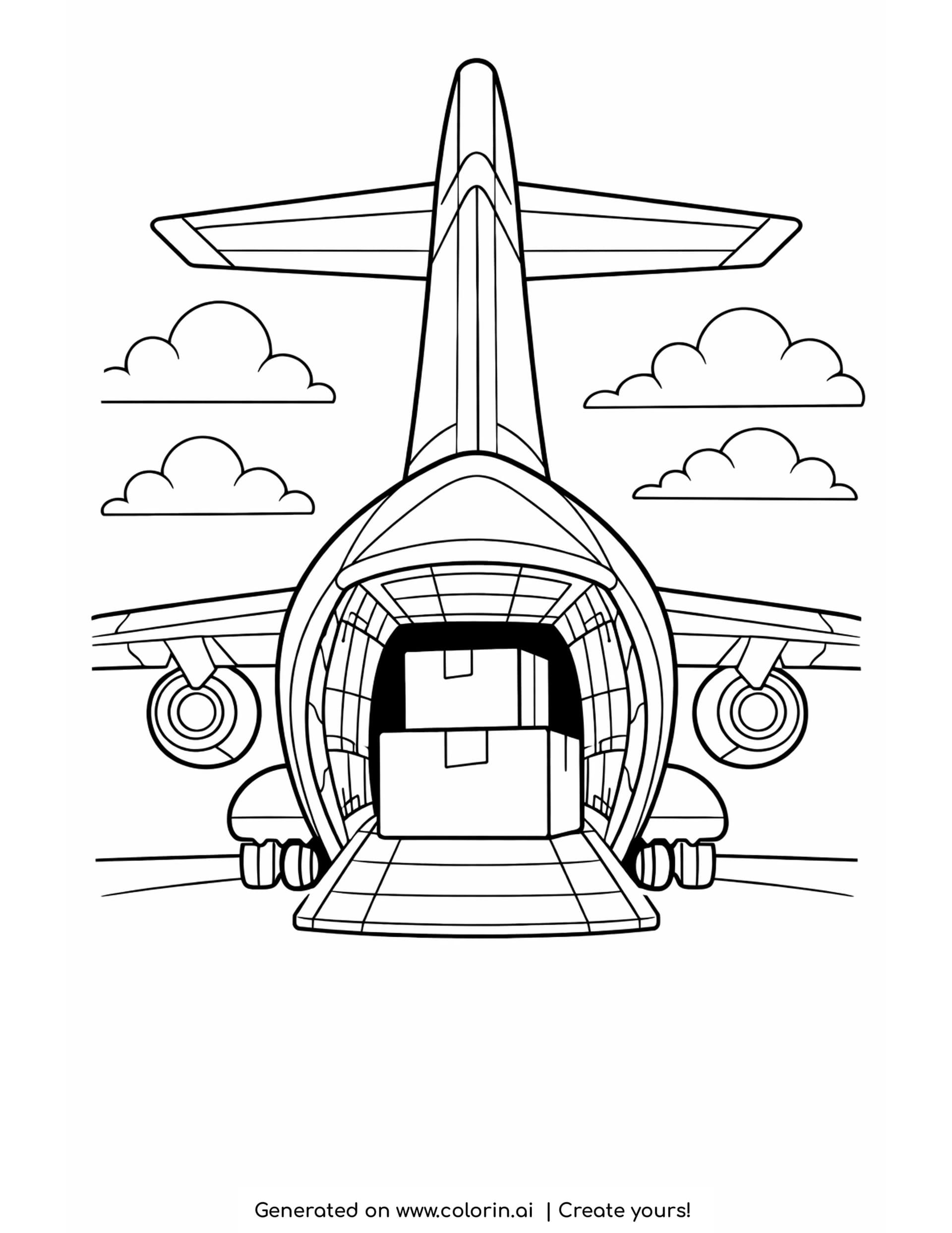 cargo plane coloring pages — cargo plane seen from behind with open rear hatch and boxes inside