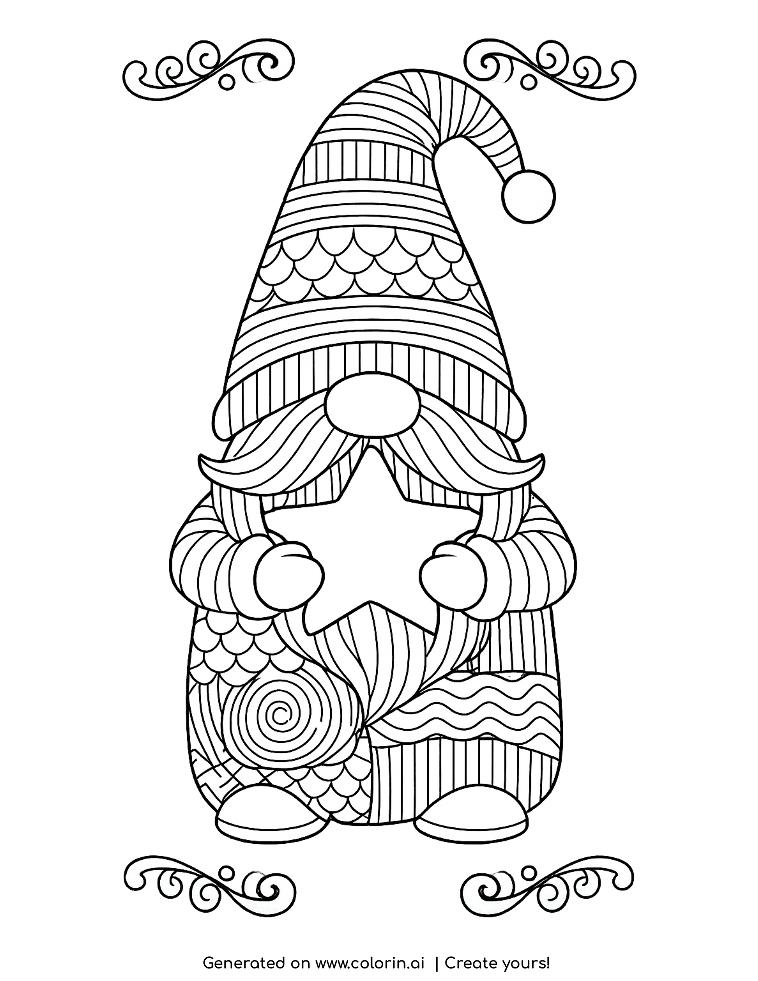 winter coloring pages for adults, a gnome with a long patterned hat and beard holding a star