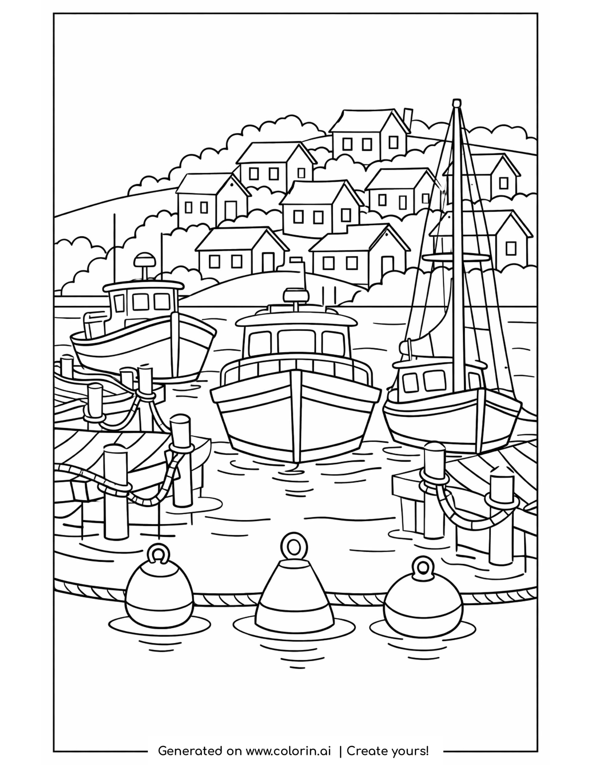 harbor boats coloring pages - three boats moored between wooden piers with roped posts, three buoys and a hillside village behind