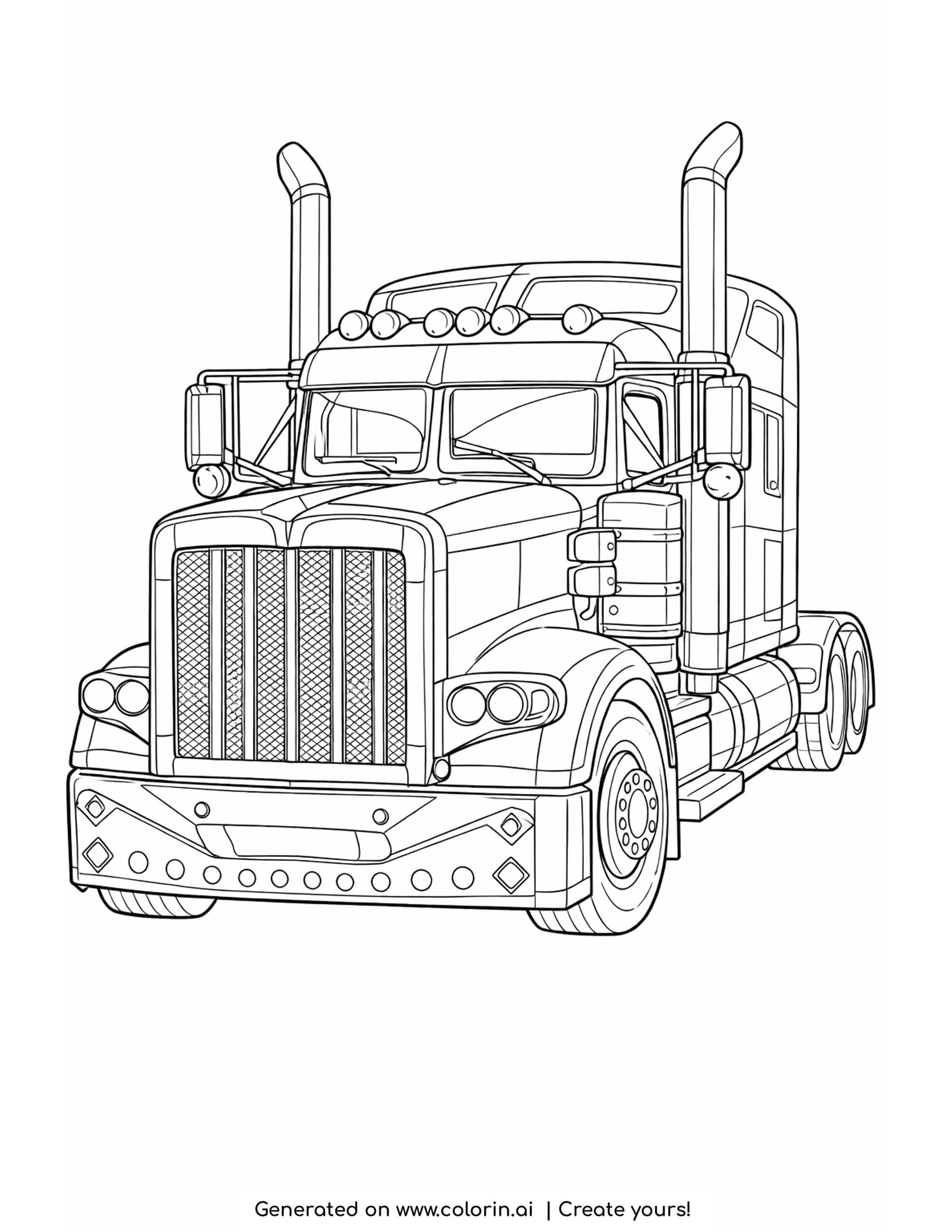 detailed semi truck coloring pages: a long nosed semi with a chrome mesh grille and twin exhaust stacks