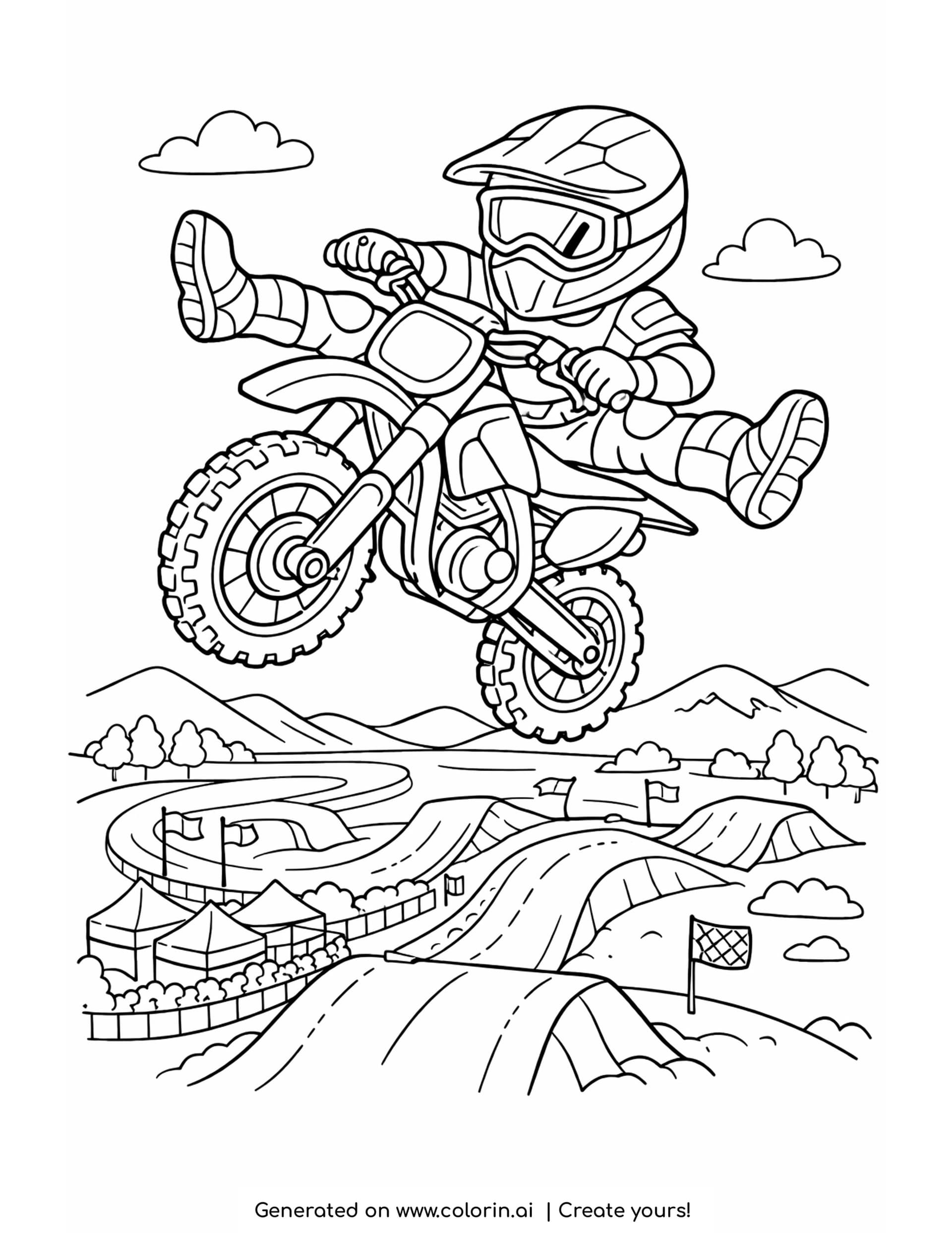 motocross rider coloring pages - rider high in the air over a jump with the motocross track spread out below