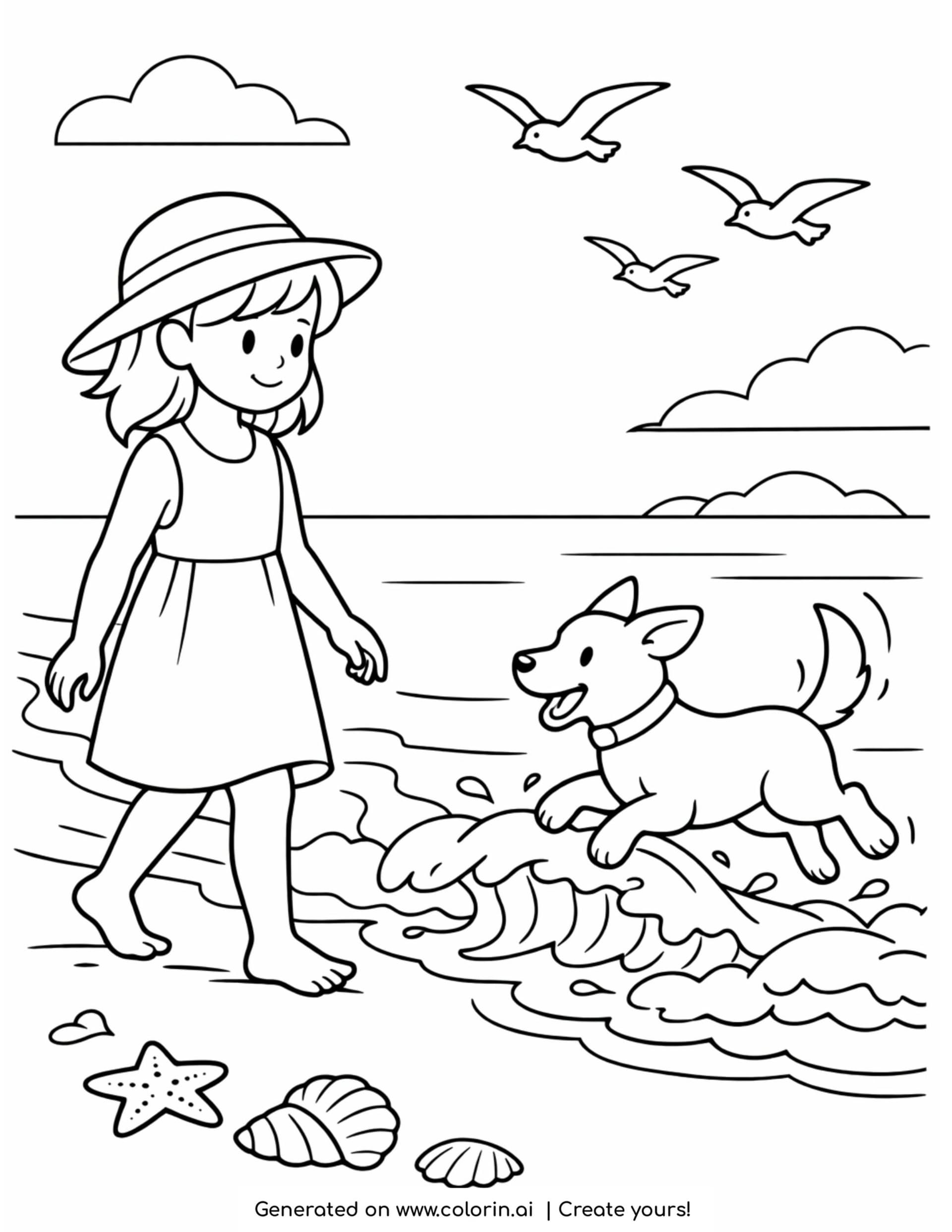 girl walking dog in ocean waves coloring page with playful puppy and seashells coloring page
