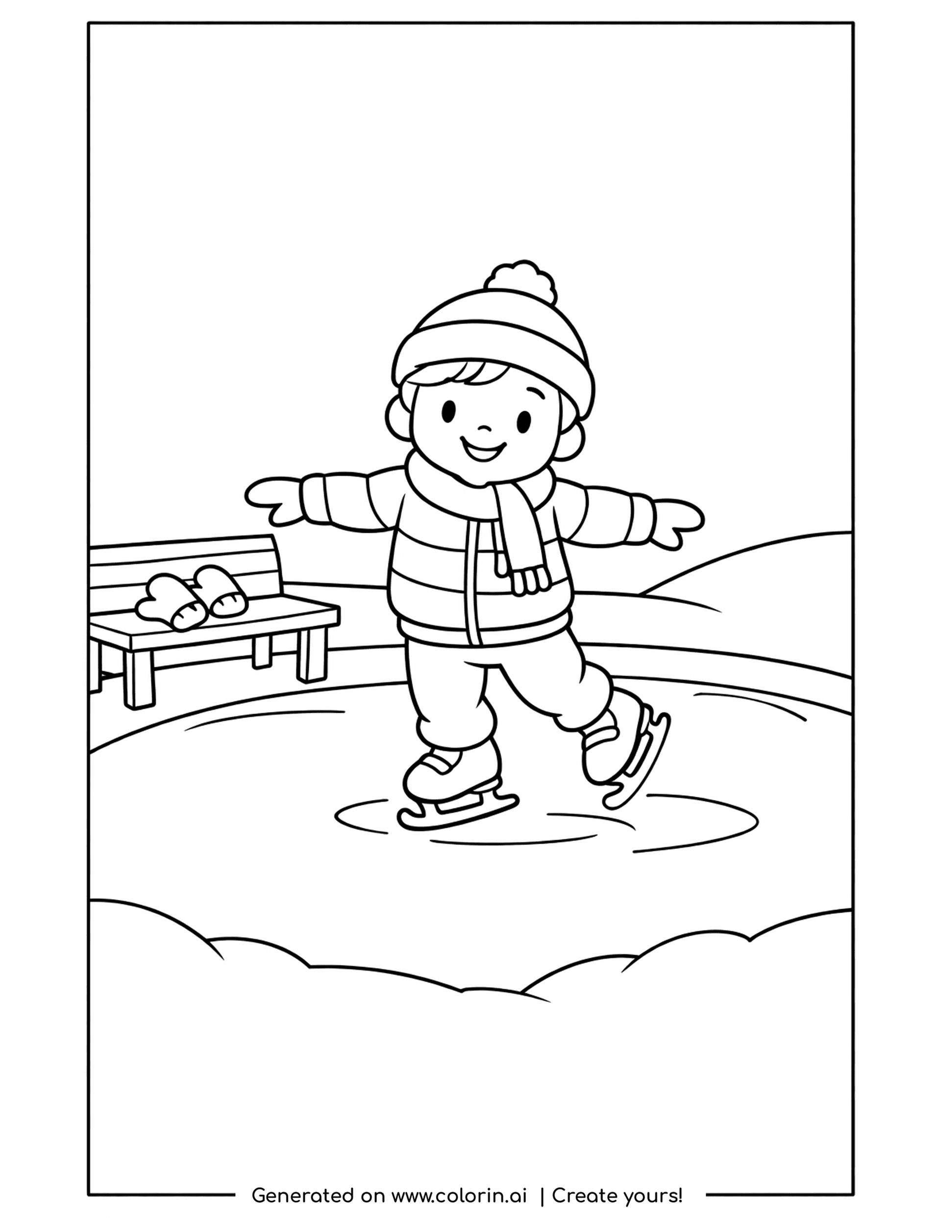 ice skating coloring pages, bundled child wobbling on ice skates near a bench