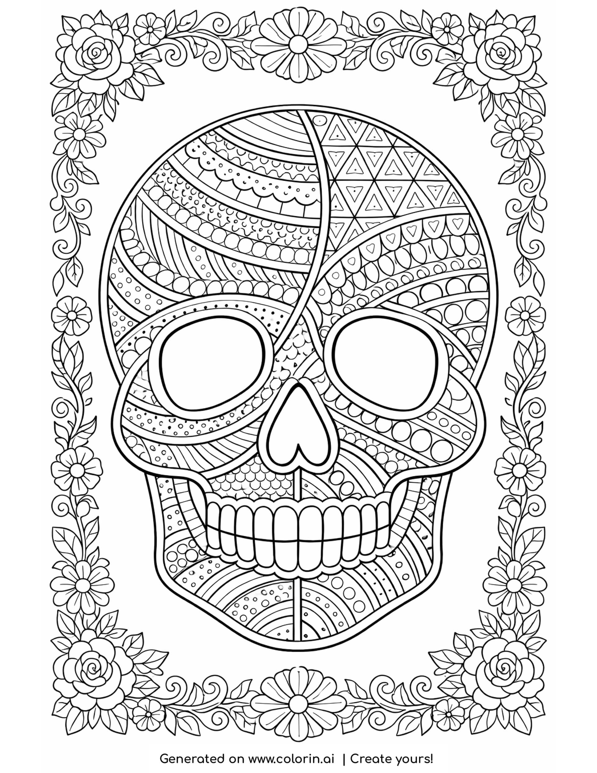 zentangle sugar skull coloring pages, calavera divided into sections of stripes, dots, triangles and stipple inside a rose border