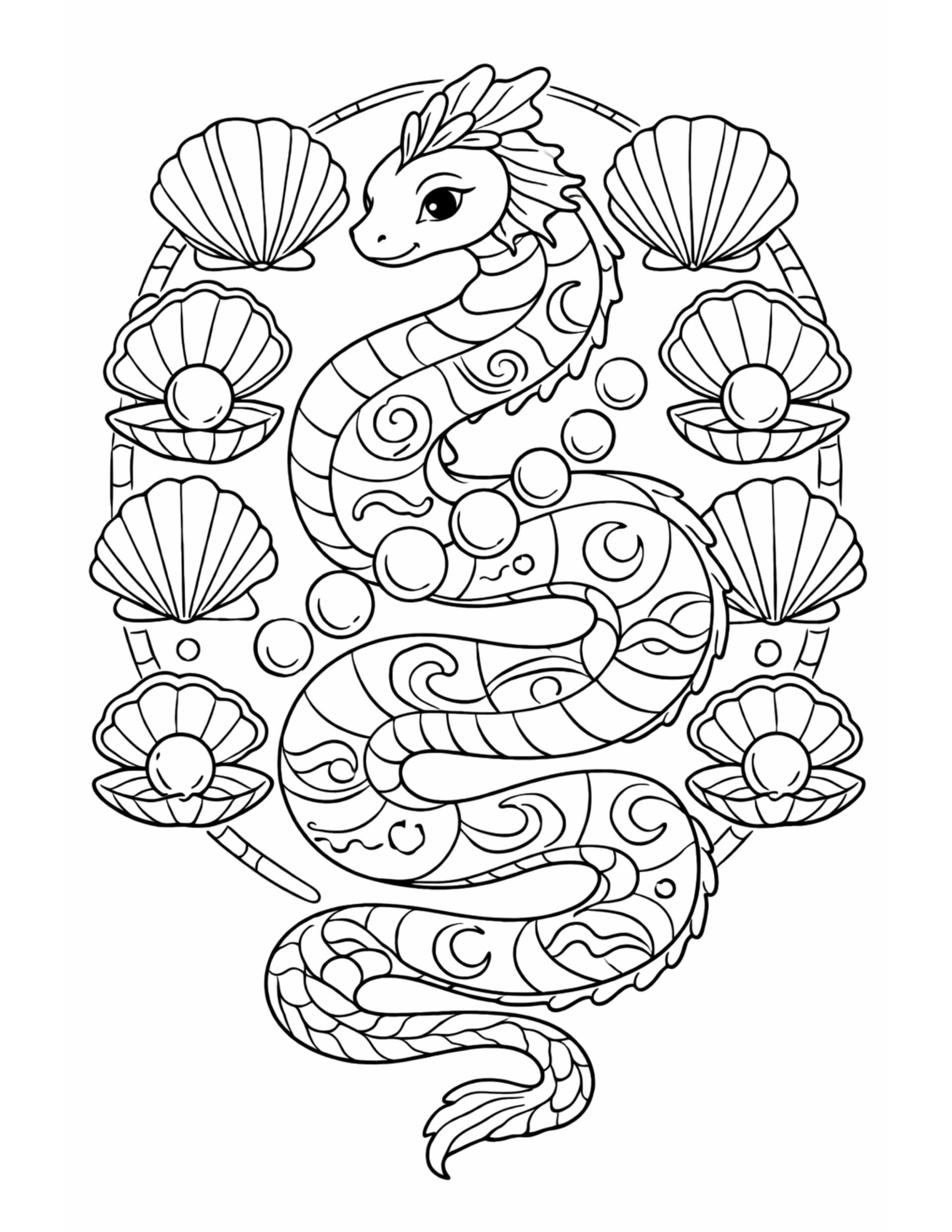 sea dragon with pearl shells coloring page featuring a curled sea dragon, bubbles, and pearl seashells coloring page