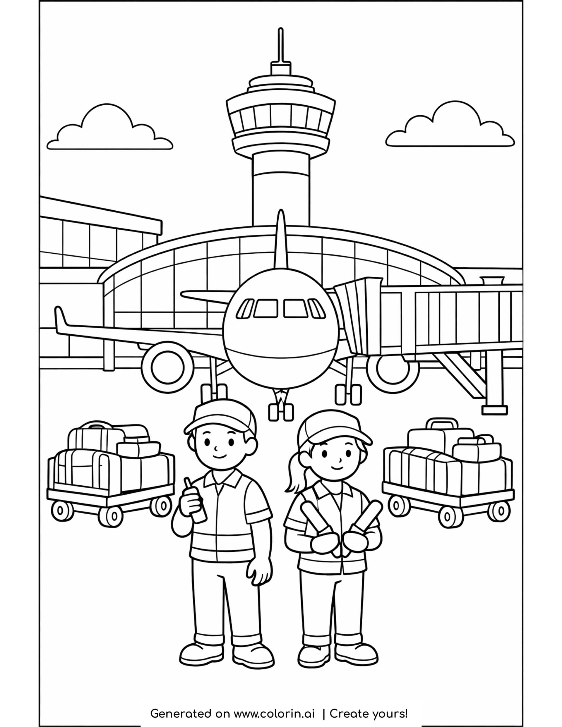 airport coloring page — airport gate with control tower, jet bridge, baggage carts and two ground crew