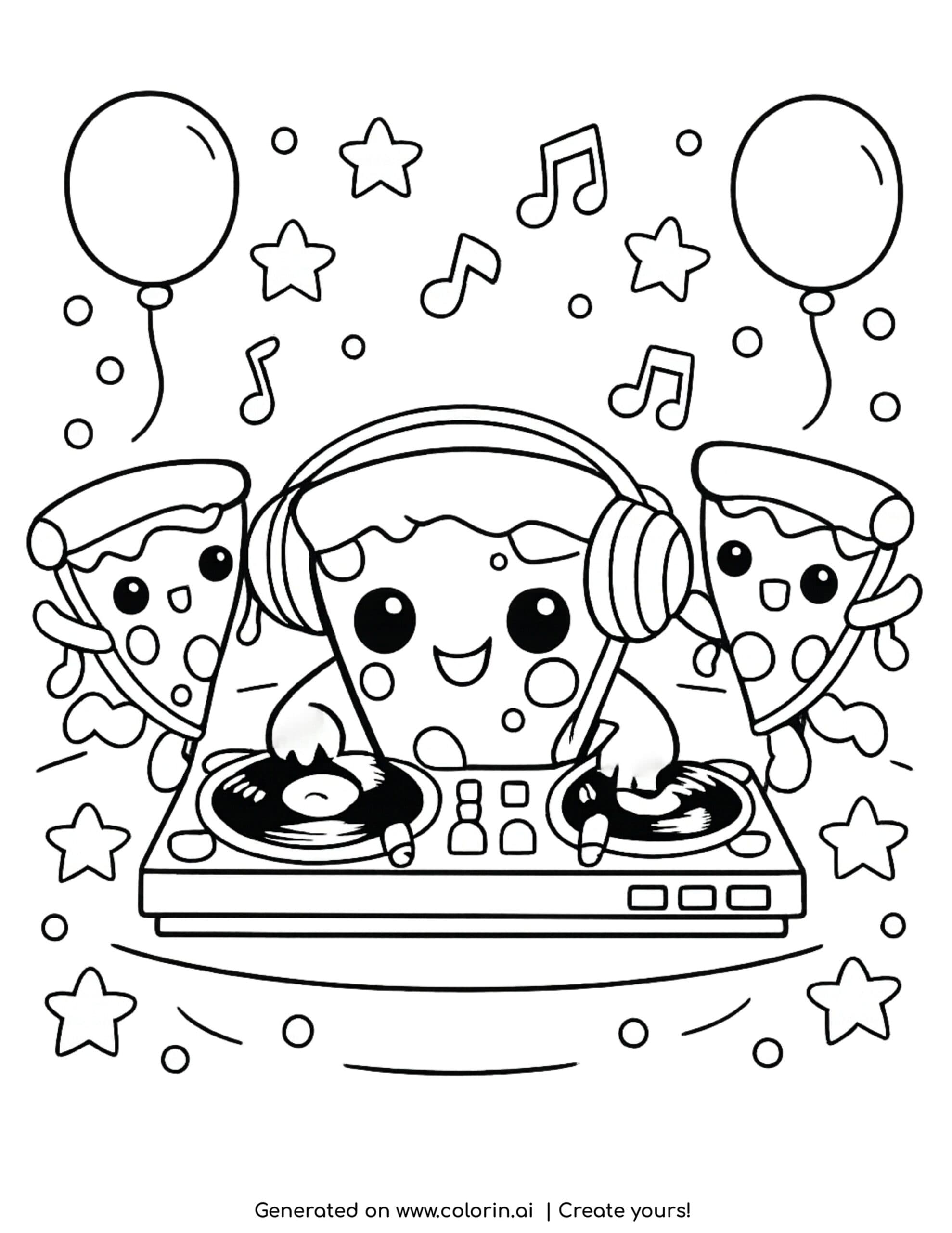 pizza dj with headphones coloring page with dancing pizza slices and balloons
