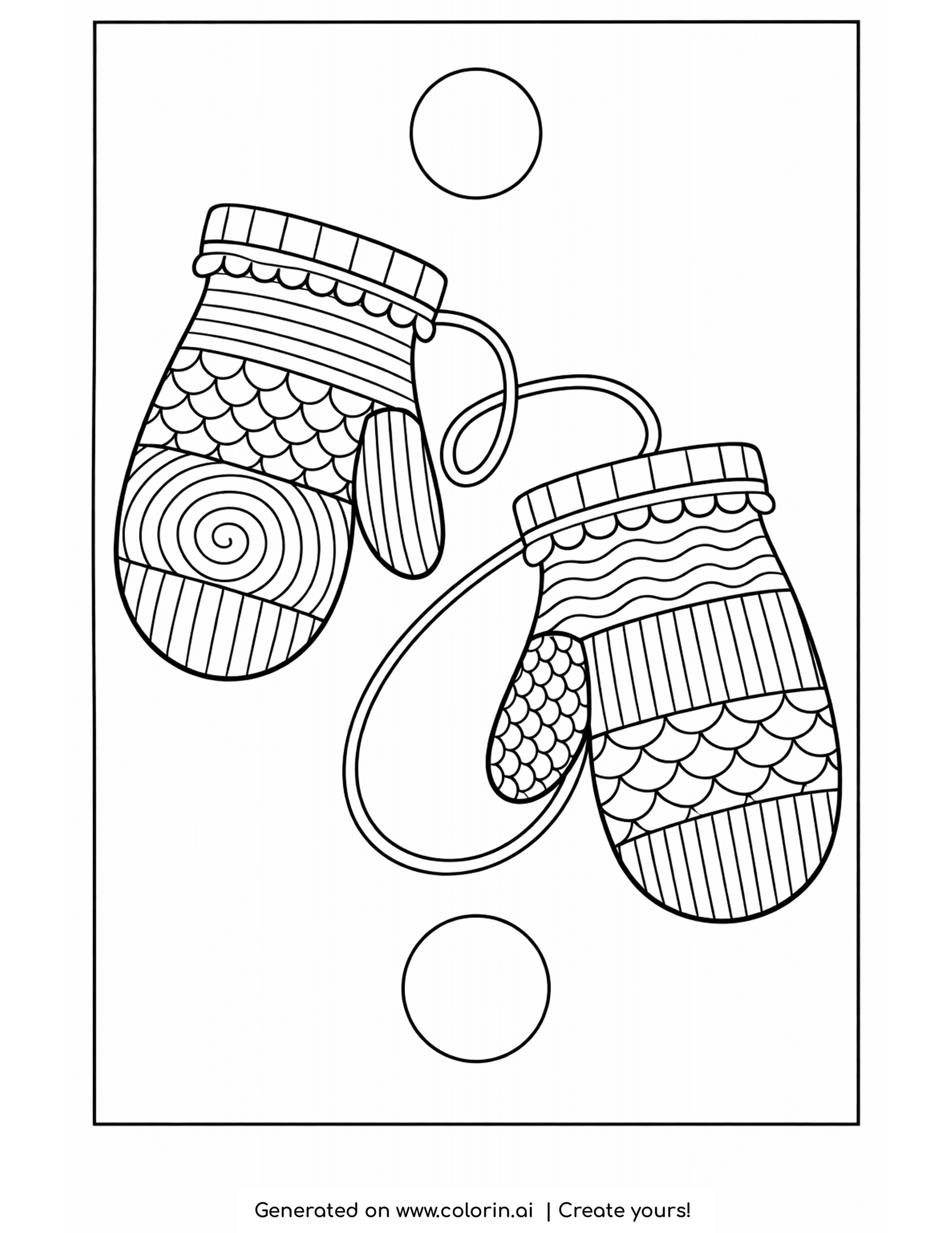 mittens coloring pages, a pair of patterned mittens joined by a cord with scale and swirl designs