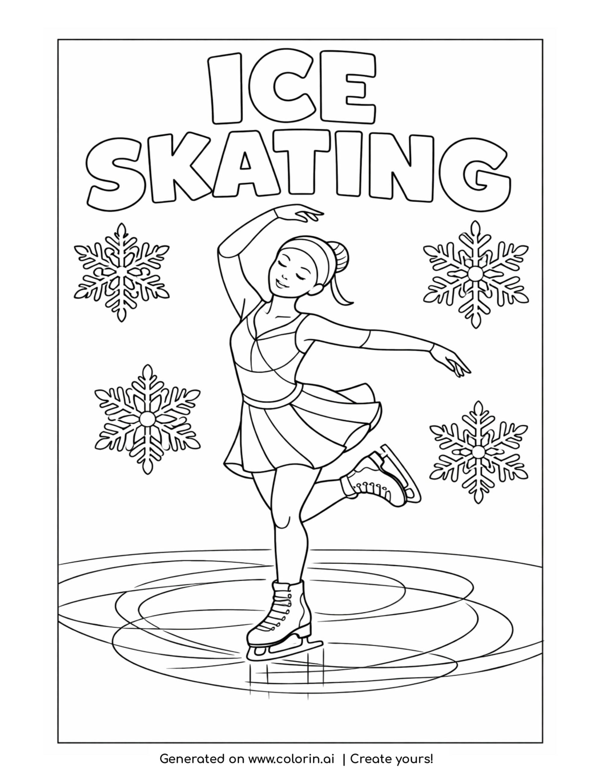 figure skater spinning on ice coloring page with snowflakes and winter scene