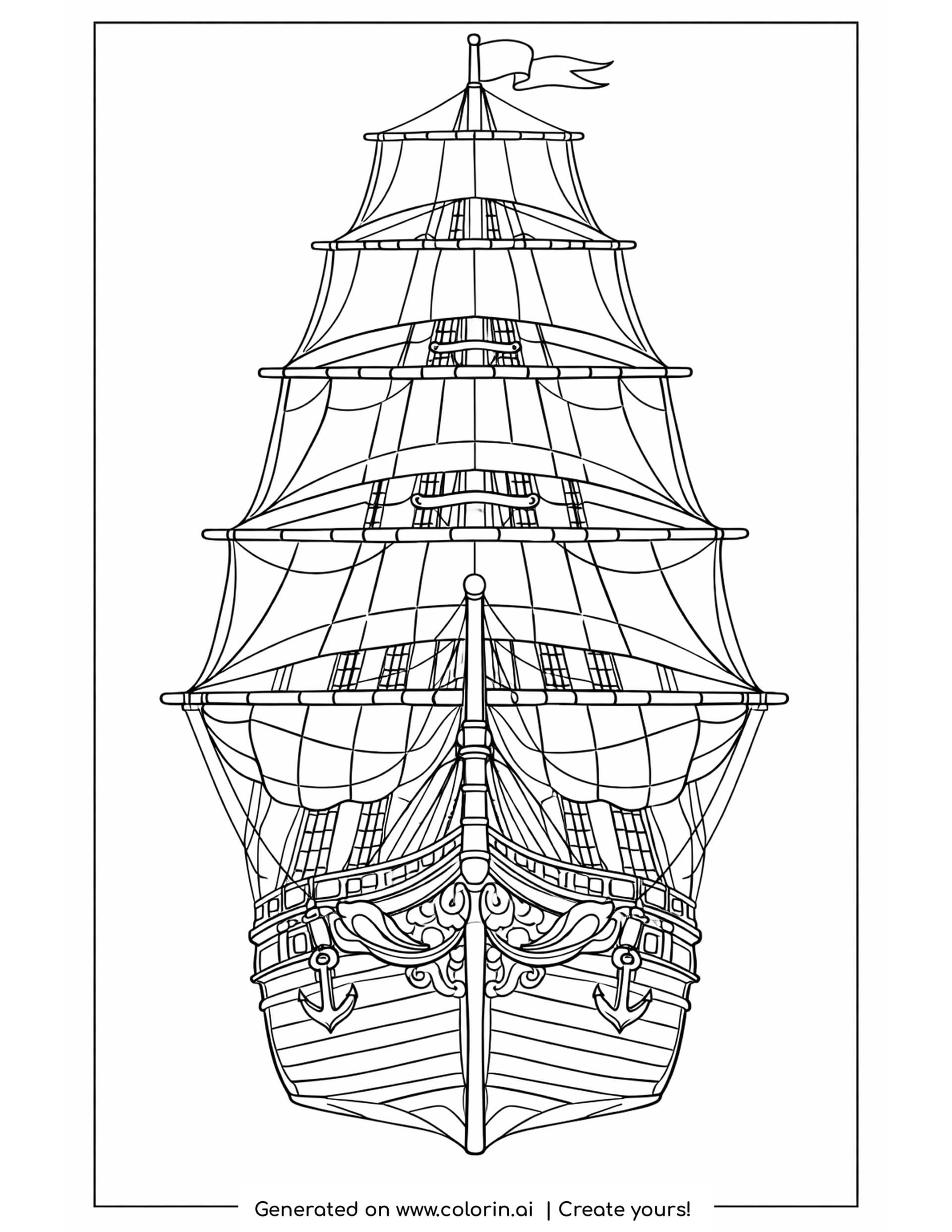 tall ship with rigging coloring pages - a tall sailing ship seen head on with five banded yards, stacked square sails, carved bow scrollwork and two anchors