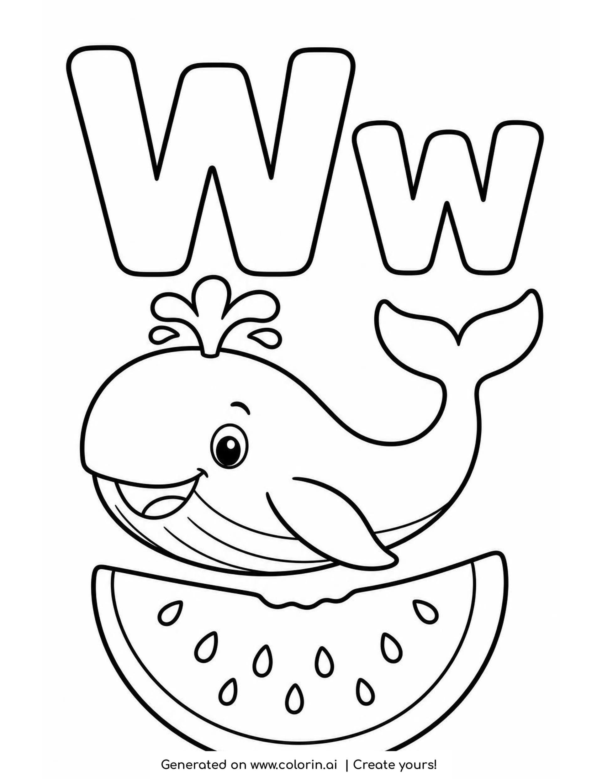A letter W coloring page with a hollow capital W and lowercase w above a smiling whale resting on a watermelon slice with nine seeds